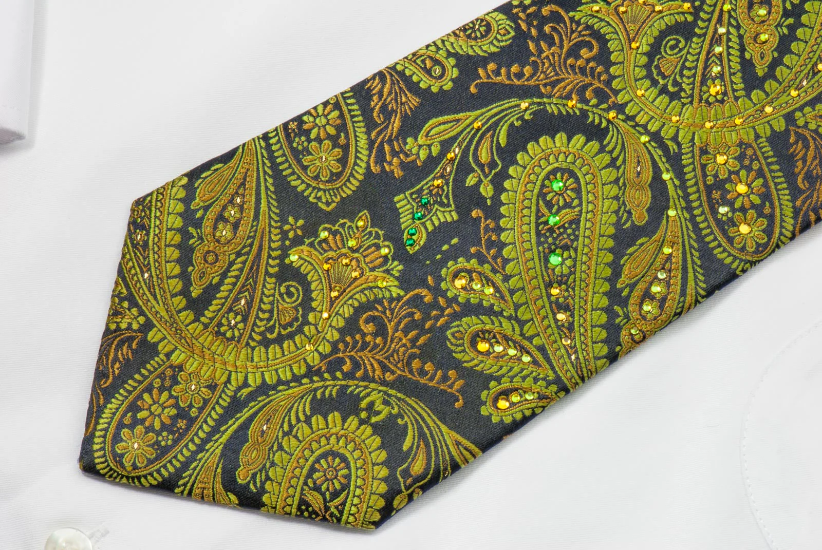 Mila Schon Woven Silk Necktie Olive Green Paisley With Rhinestones - Image 5