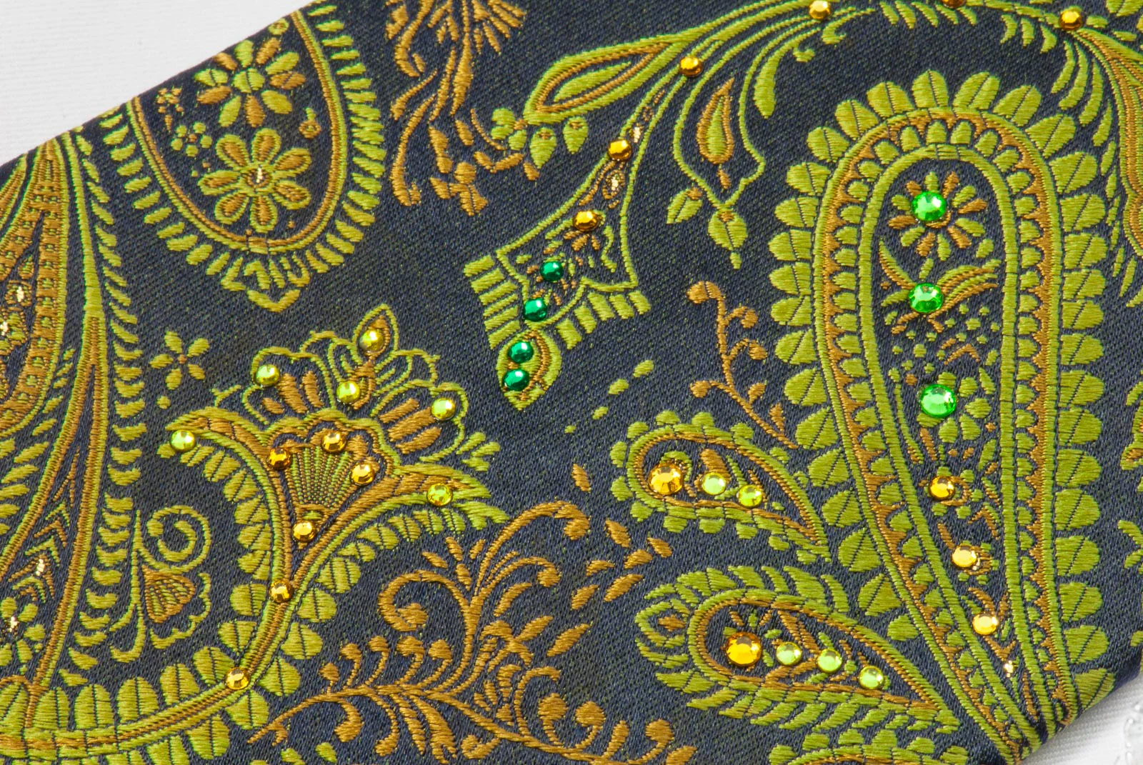 Mila Schon Woven Silk Necktie Olive Green Paisley With Rhinestones - Image 6