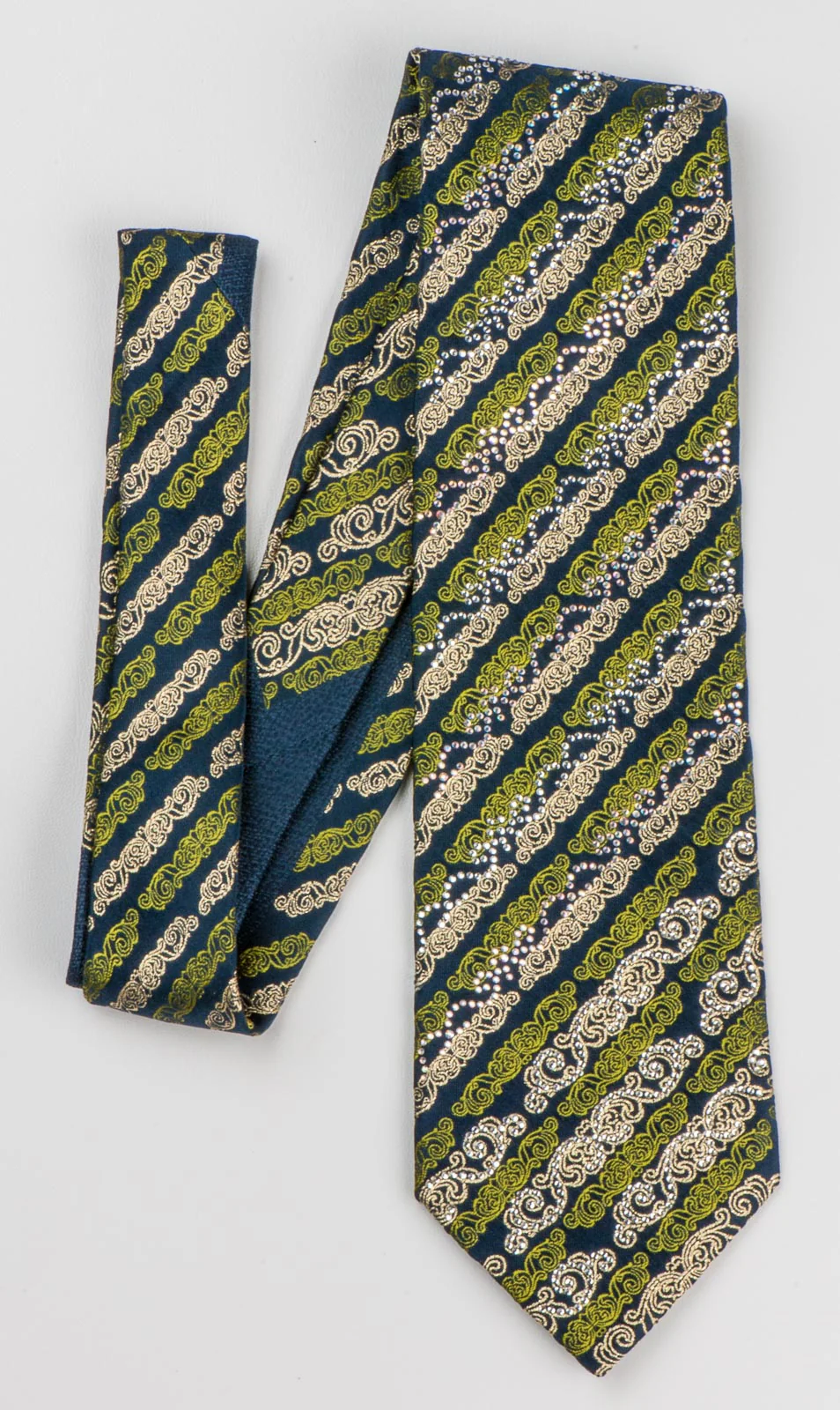 Milla Schon Silk NeckTie Striped Scrolls In Gold Green On Black With Rhinestones - Image 2