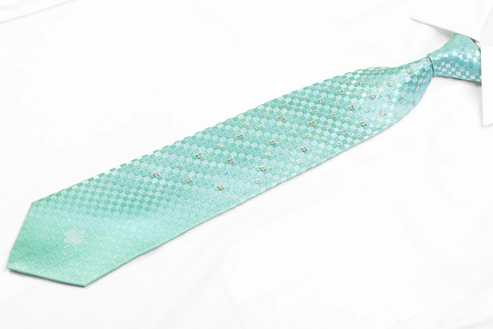 Mint Green Checkered Rhinestone Tie With Gold Sparkles - Image 3