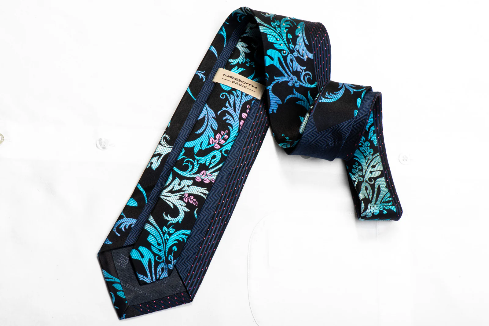 Naboth Men's Rhinestone Silk Necktie Blue Acanthus On Navy With Pink Sparkles - Image 5