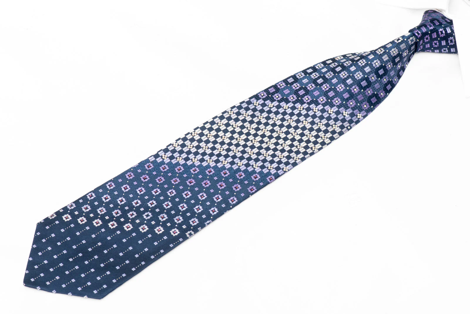 Navy Blue Checkered Woven Silk Rhinestone Tie with Silver Sparkles - Image 2