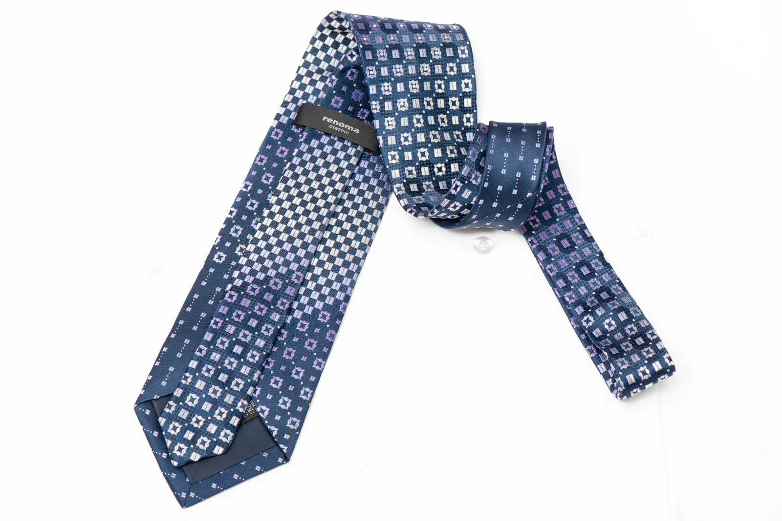 Navy Blue Checkered Woven Silk Rhinestone Tie with Silver Sparkles - Image 3