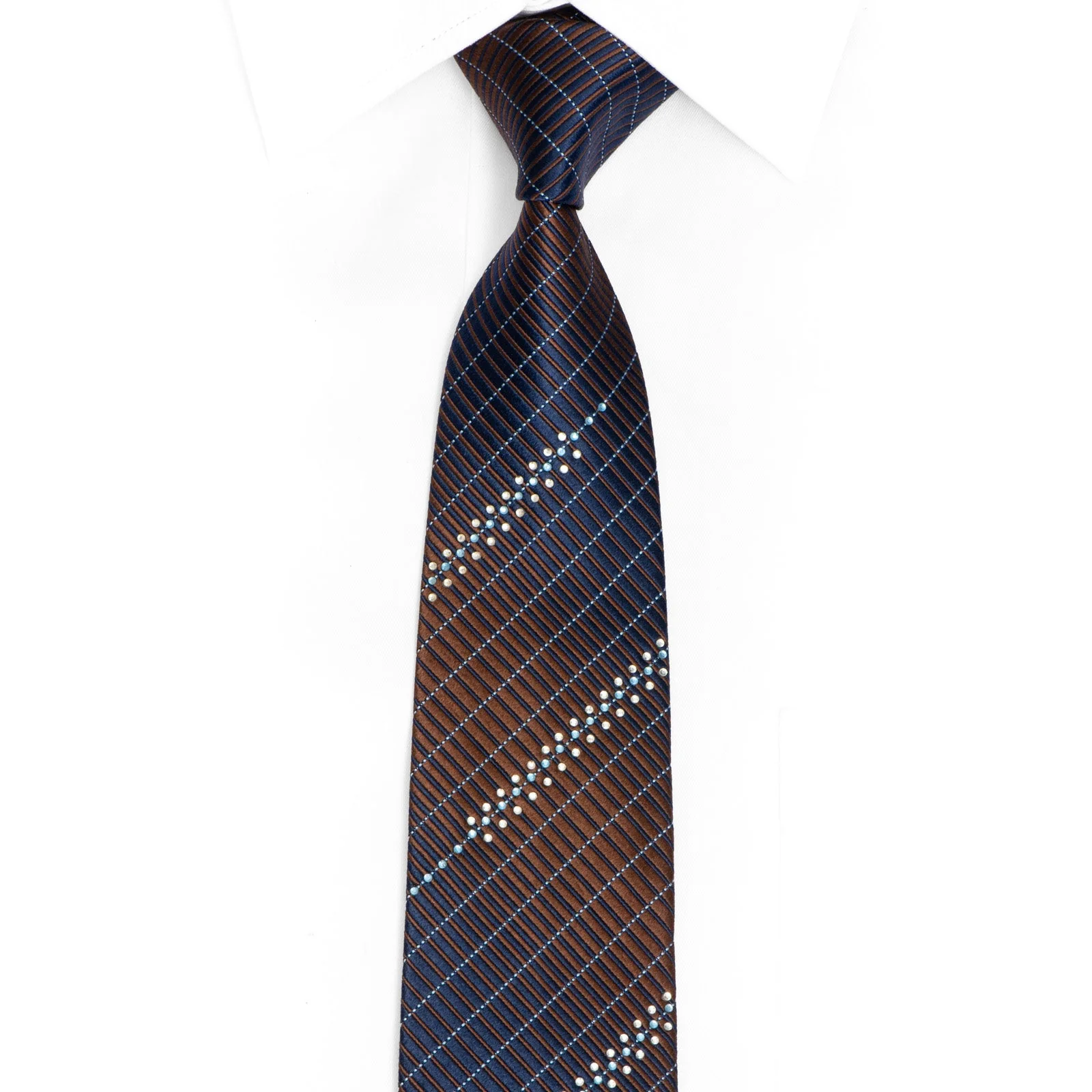 Navy Brown Striped Rhinestone Silk Neckie