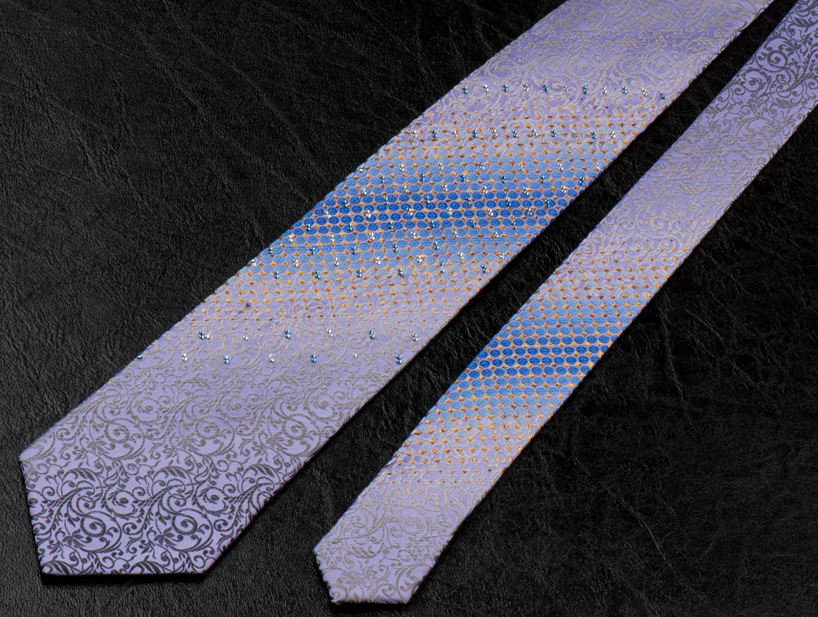 Nicole St Giles Silk Neck Tie Silver Vines On Purple With Rhinestones 3 1/2 Inch - Image 2