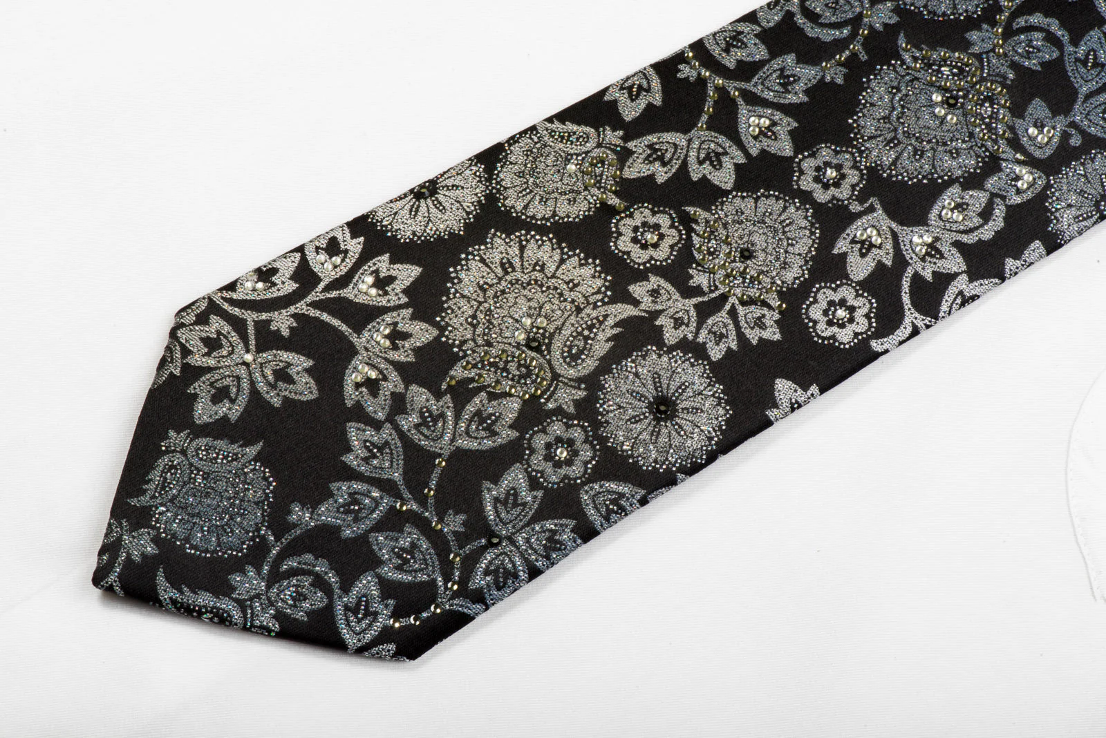 Nicole St Giles Black Rhinestone Silk Tie Silver Floral Acanthus On Black With Sparkles - Image 3