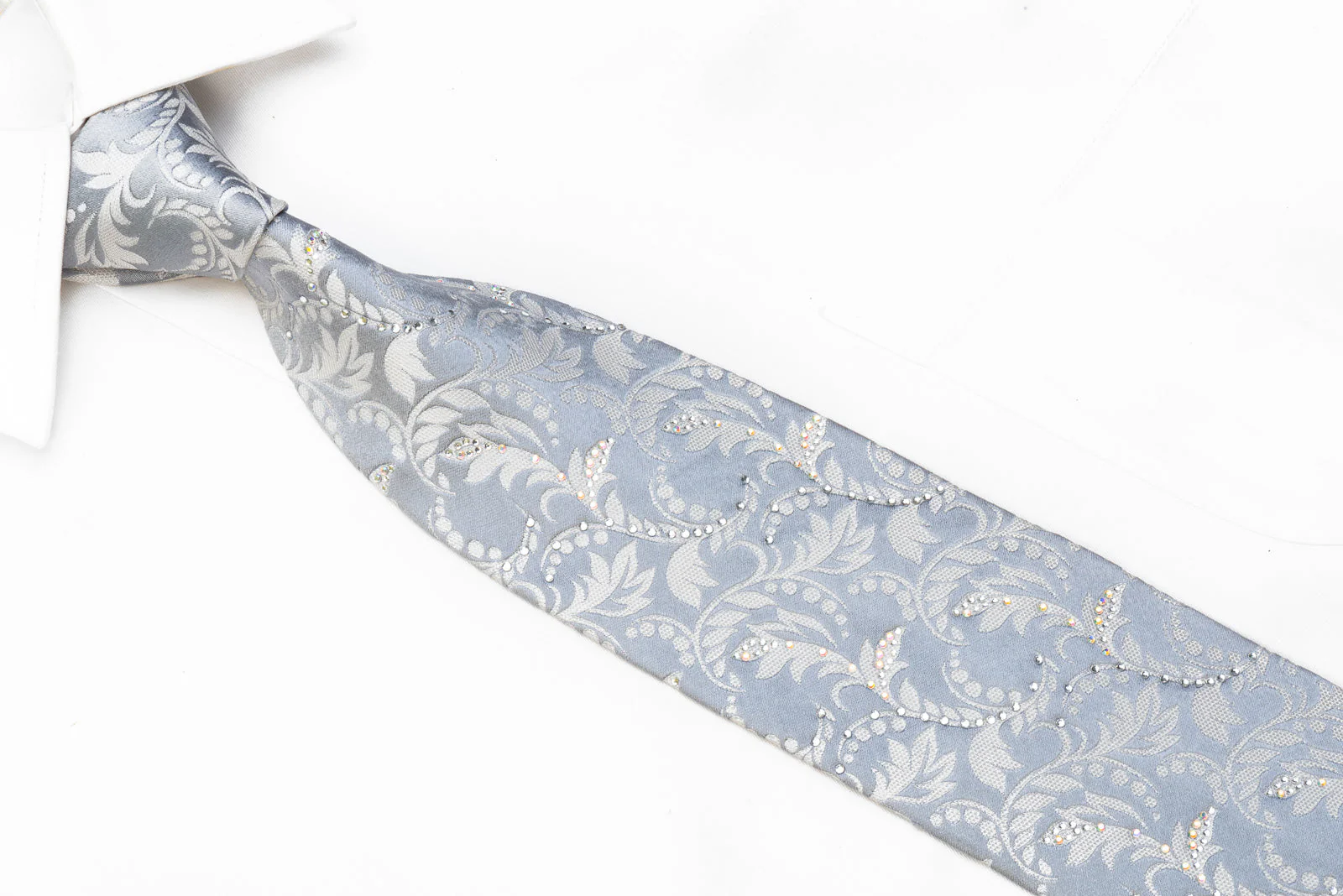 Nicole St Giles Men's Crystal Necktie Acanthus Scrolls On Silver Silk - Image 2