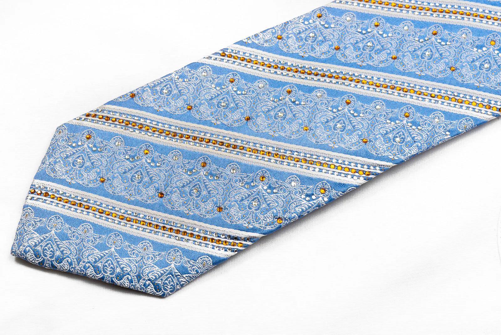 Nicole St Giles Men's Crystal Rhinestone Silk Necktie White Striped & Cartouche On Blue - Image 3