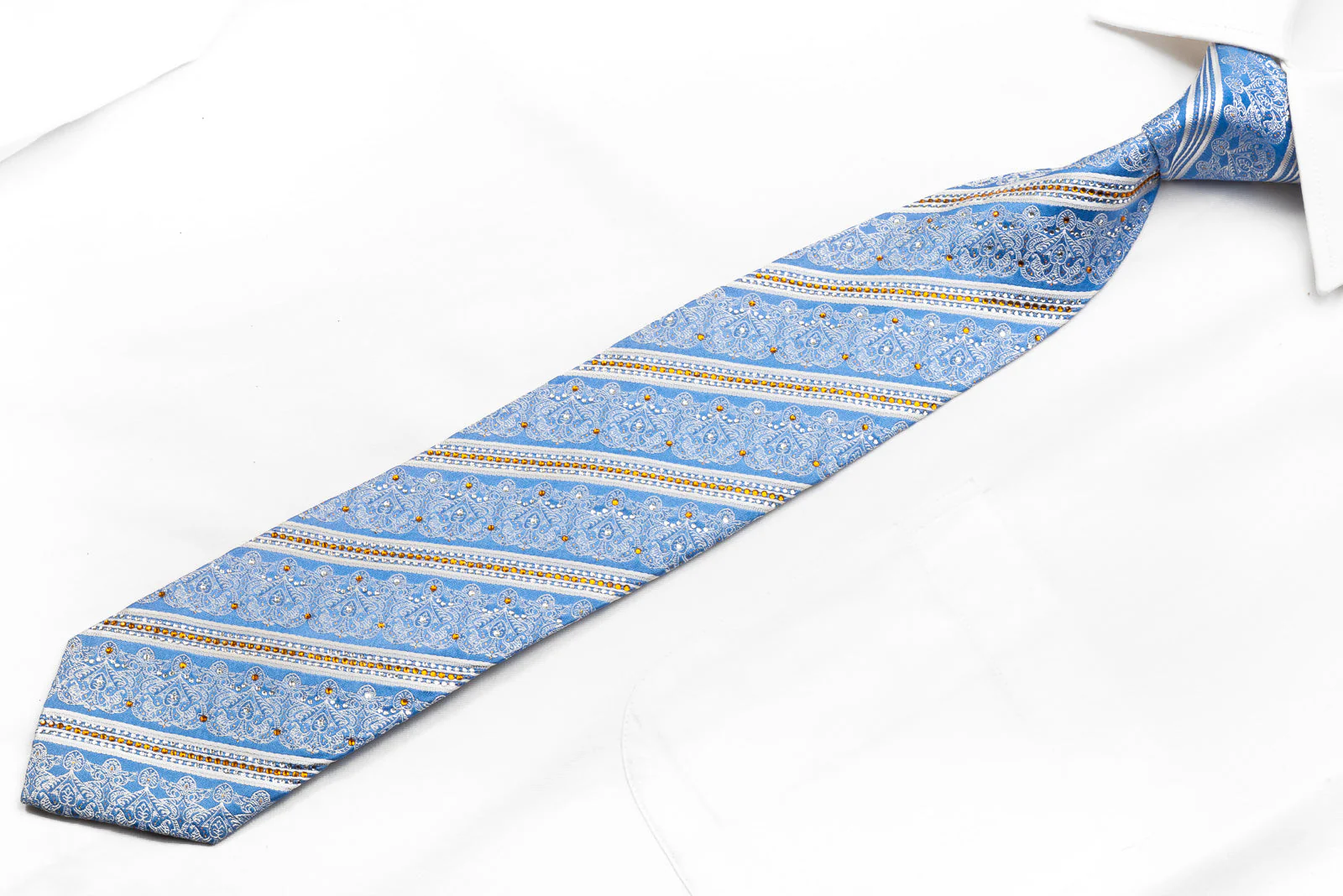 Nicole St Giles Men's Crystal Rhinestone Silk Necktie White Striped & Cartouche On Blue - Image 4