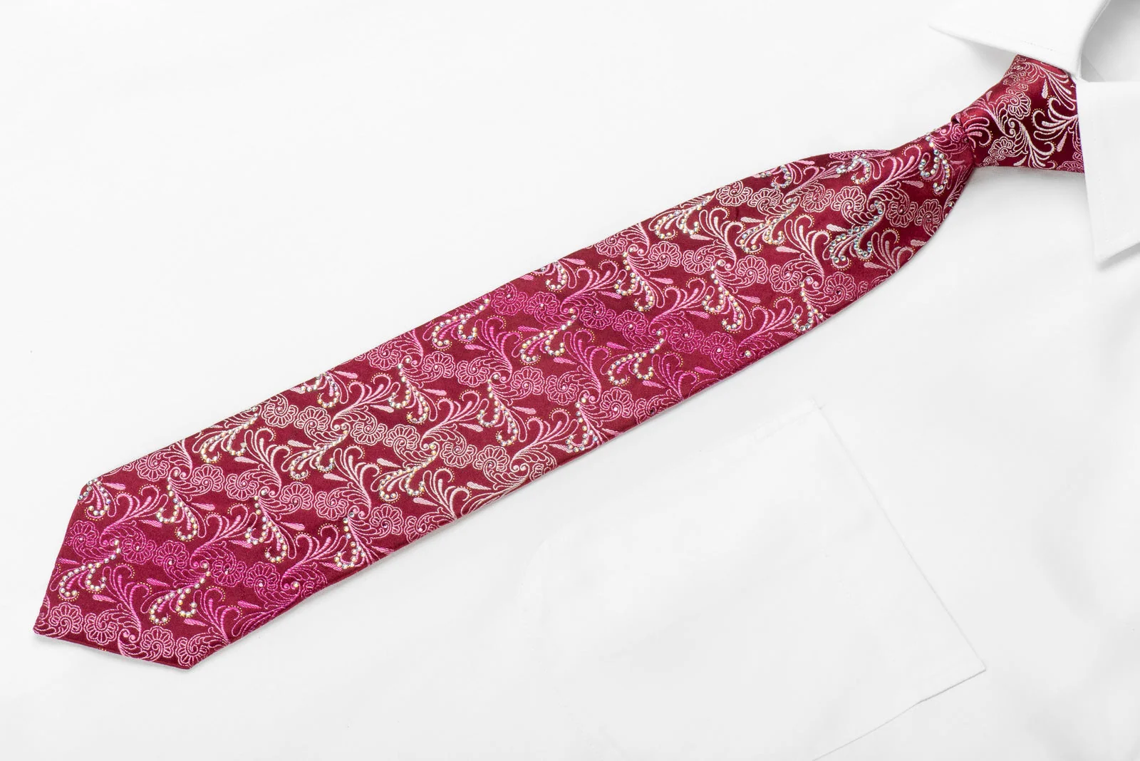 Nicole St Giles Men's Crystal Silk Necktie Acanthus On Red With Silver Sparkles - Image 2