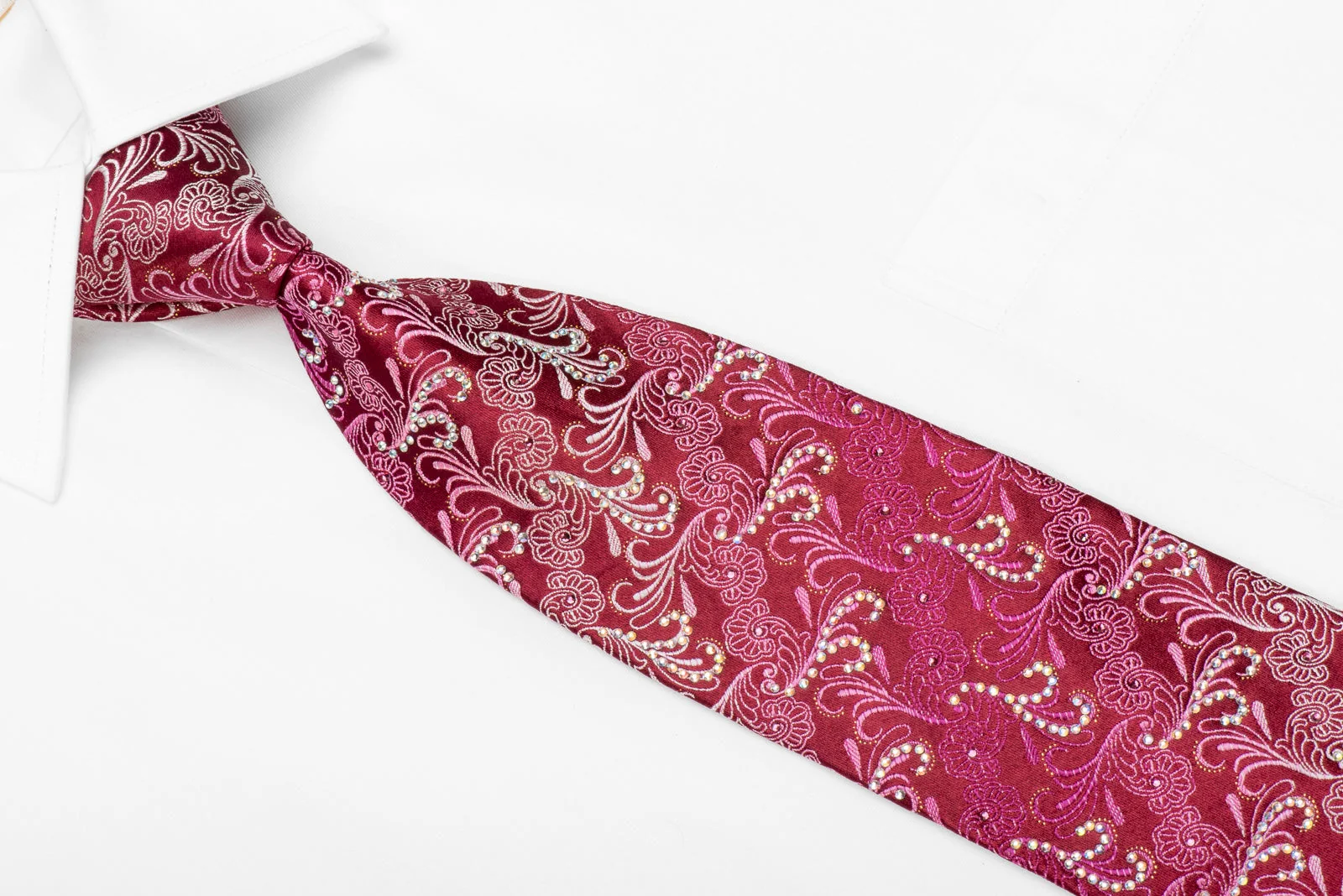 Nicole St Giles Men's Crystal Silk Necktie Acanthus On Red With Silver Sparkles - Image 3