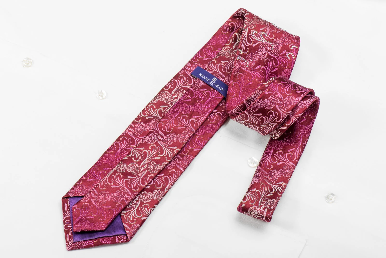 Nicole St Giles Men's Crystal Silk Necktie Acanthus On Red With Silver Sparkles - Image 4