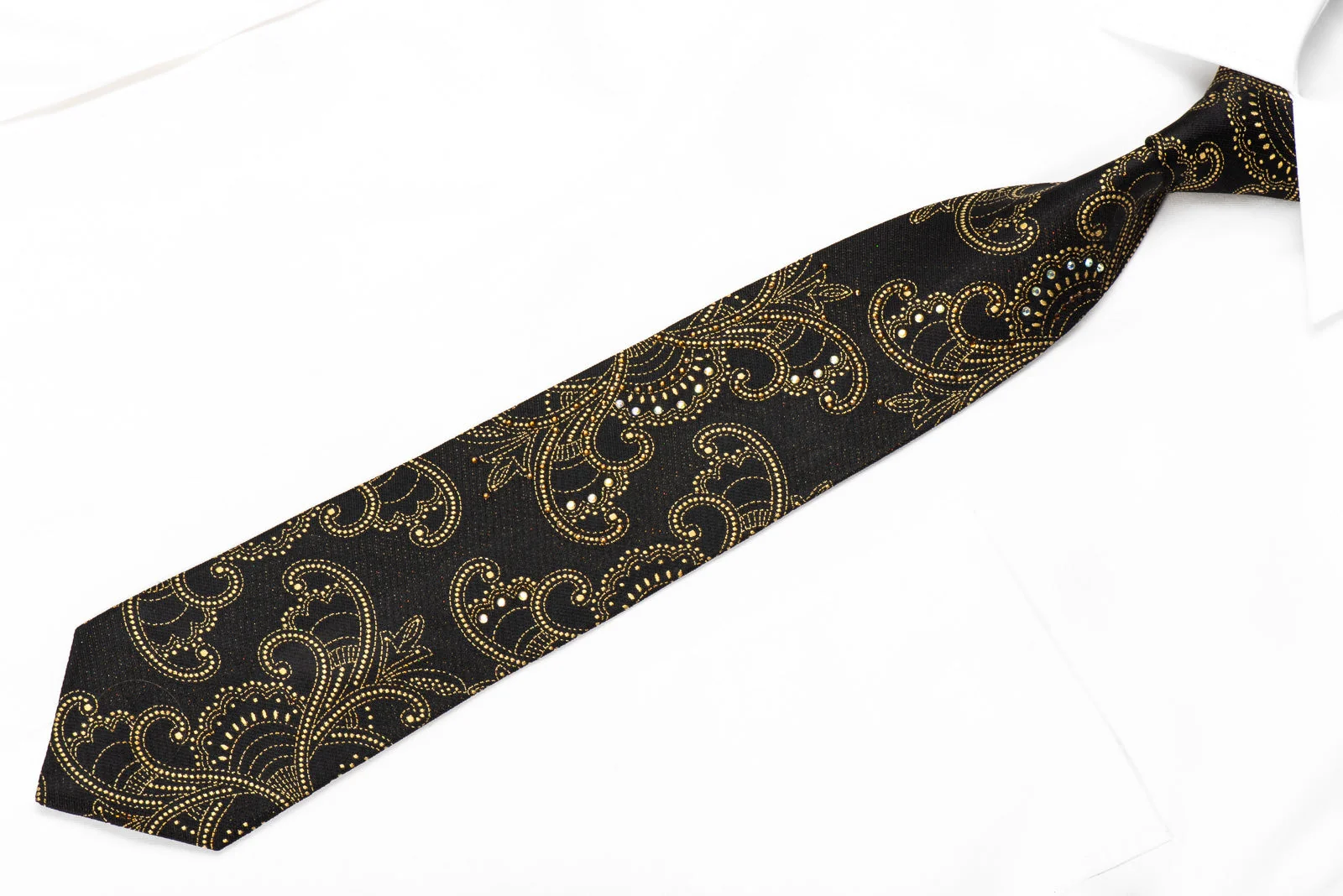 Nicole St Giles Men's Crystal Silk Necktie Gold Anthemion On Black With Sparkles - Image 3