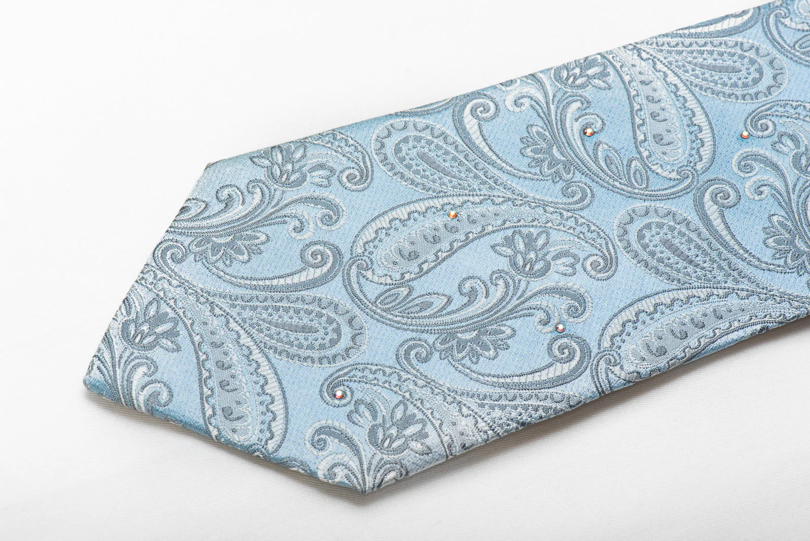 Nicole St Giles Men's Crystal Silk Necktie Paisley On Pale Blue Sparkling With Rhinestones - Image 3