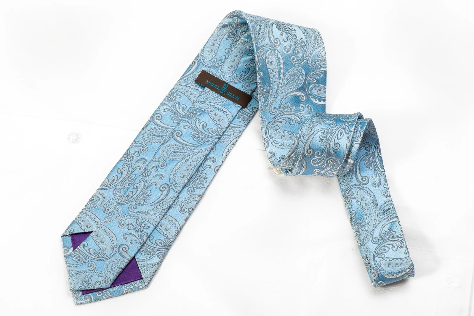 Nicole St Giles Men's Crystal Silk Necktie Paisley On Pale Blue Sparkling With Rhinestones - Image 5