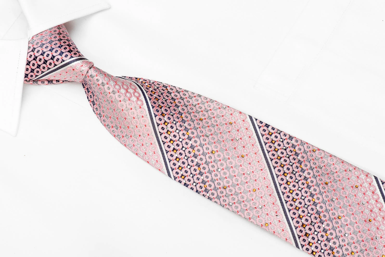 Nicole St Giles Men's Crystal Silk Necktie Pink Geometric Circles On Silver With Sparkles - Image 2