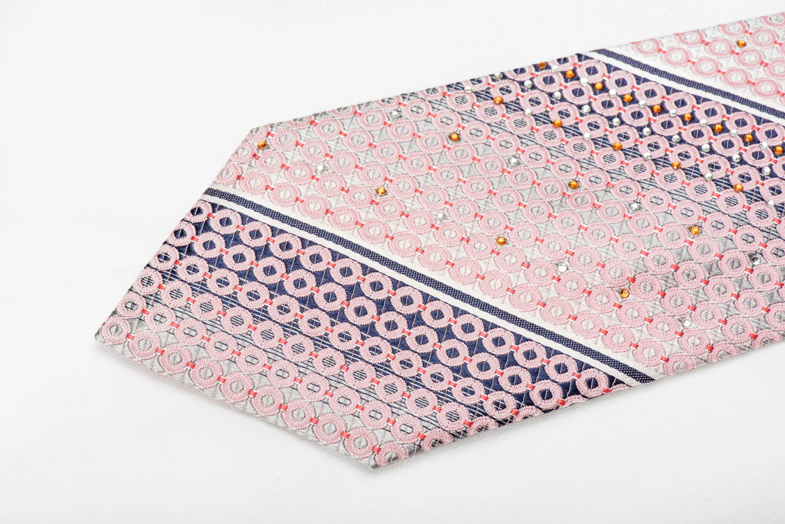 Nicole St Giles Men's Crystal Silk Necktie Pink Geometric Circles On Silver With Sparkles - Image 3