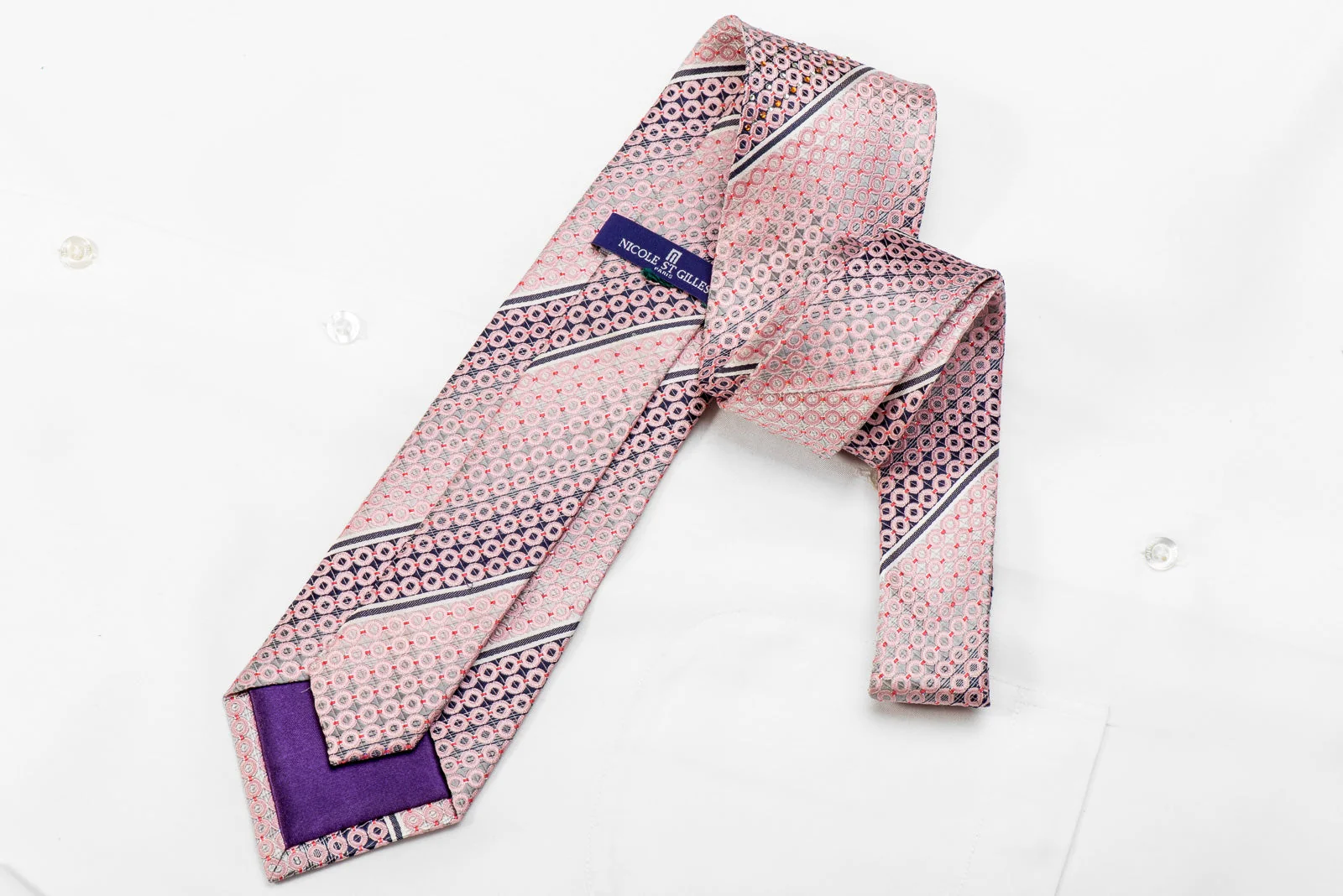 Nicole St Giles Men's Crystal Silk Necktie Pink Geometric Circles On Silver With Sparkles - Image 4