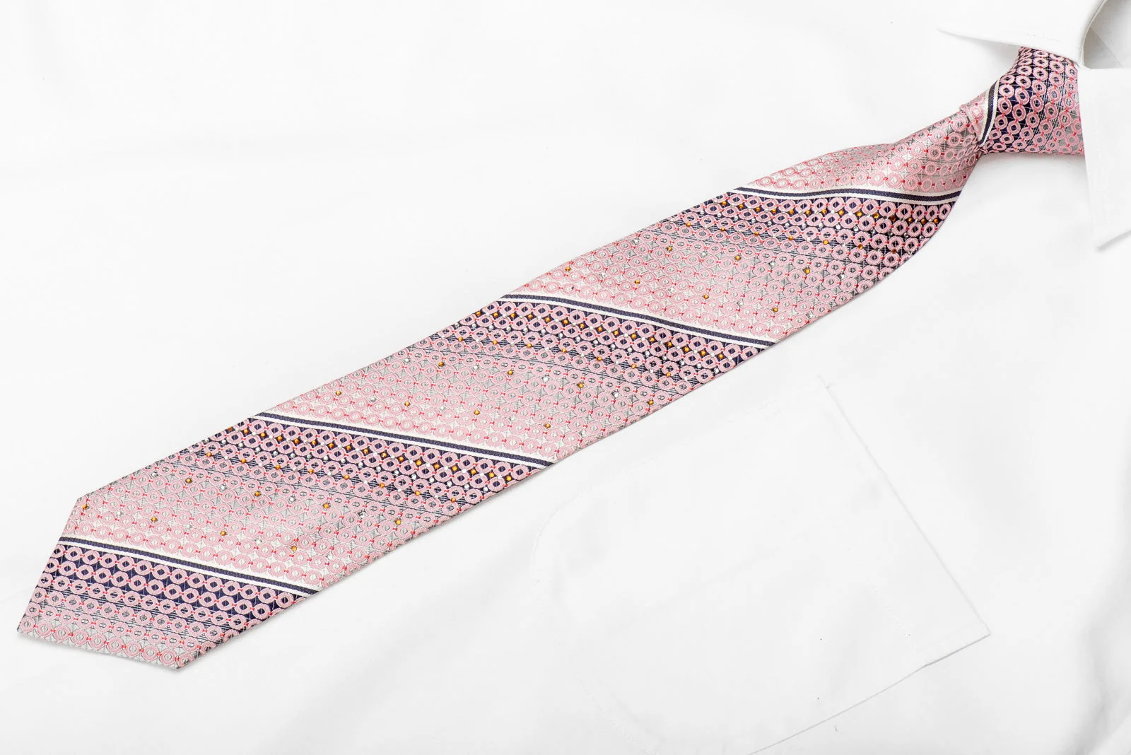 Nicole St Giles Men's Crystal Silk Necktie Pink Geometric Circles On Silver With Sparkles - Image 5