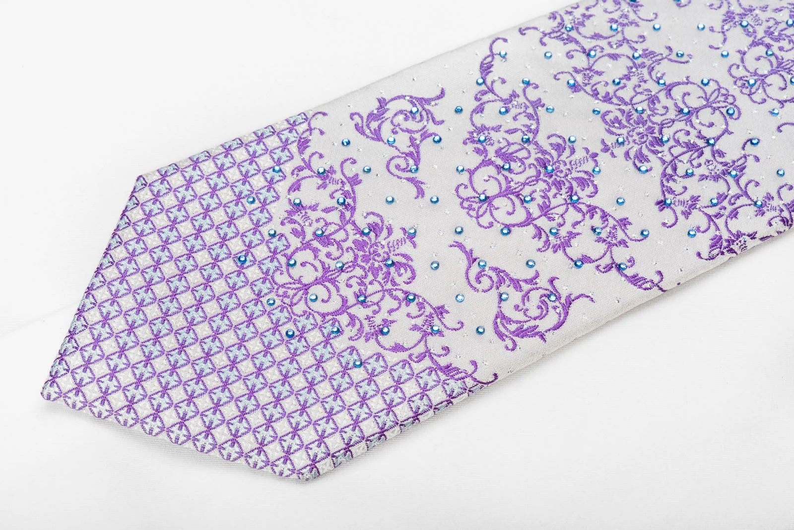 Nicole St Giles Men's Crystal Silk Necktie Purple Blue Damask On White With Silver Sparkles - Image 2
