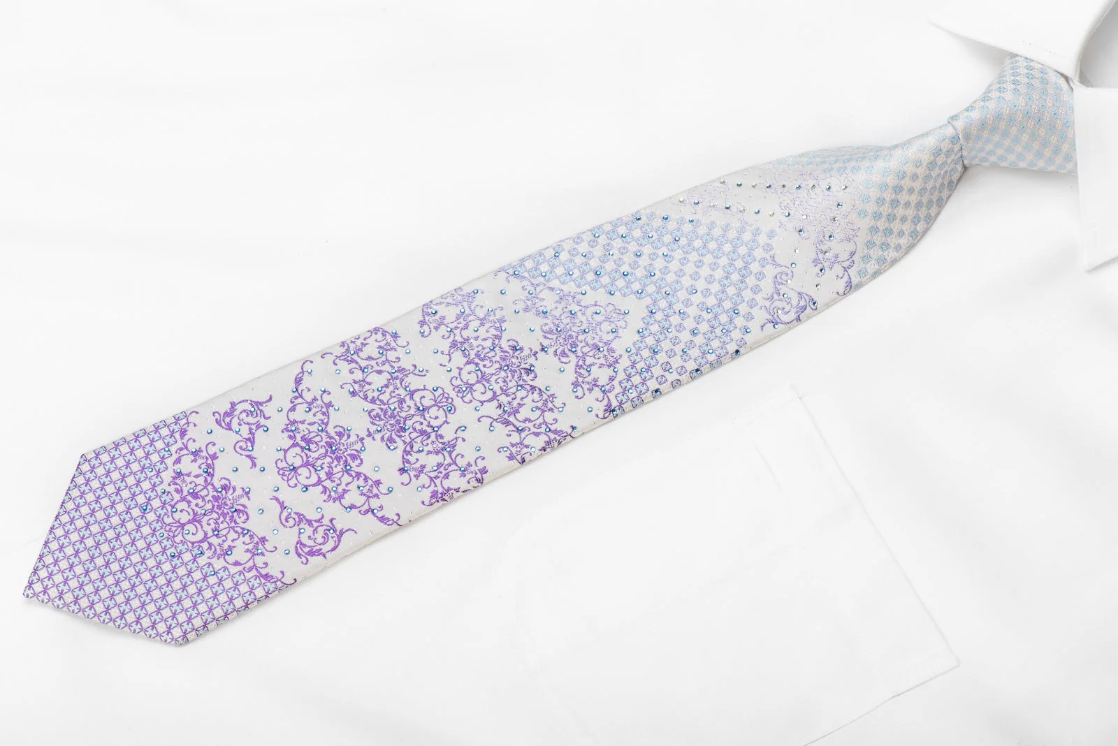 Nicole St Giles Men's Crystal Silk Necktie Purple Blue Damask On White With Silver Sparkles - Image 4