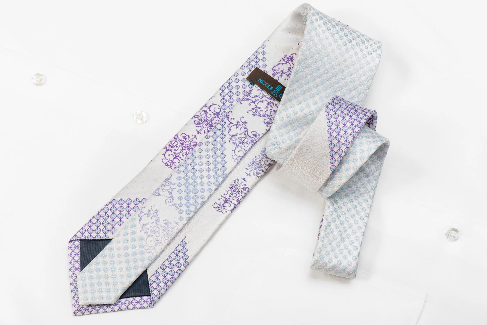 Nicole St Giles Men's Crystal Silk Necktie Purple Blue Damask On White With Silver Sparkles - Image 5
