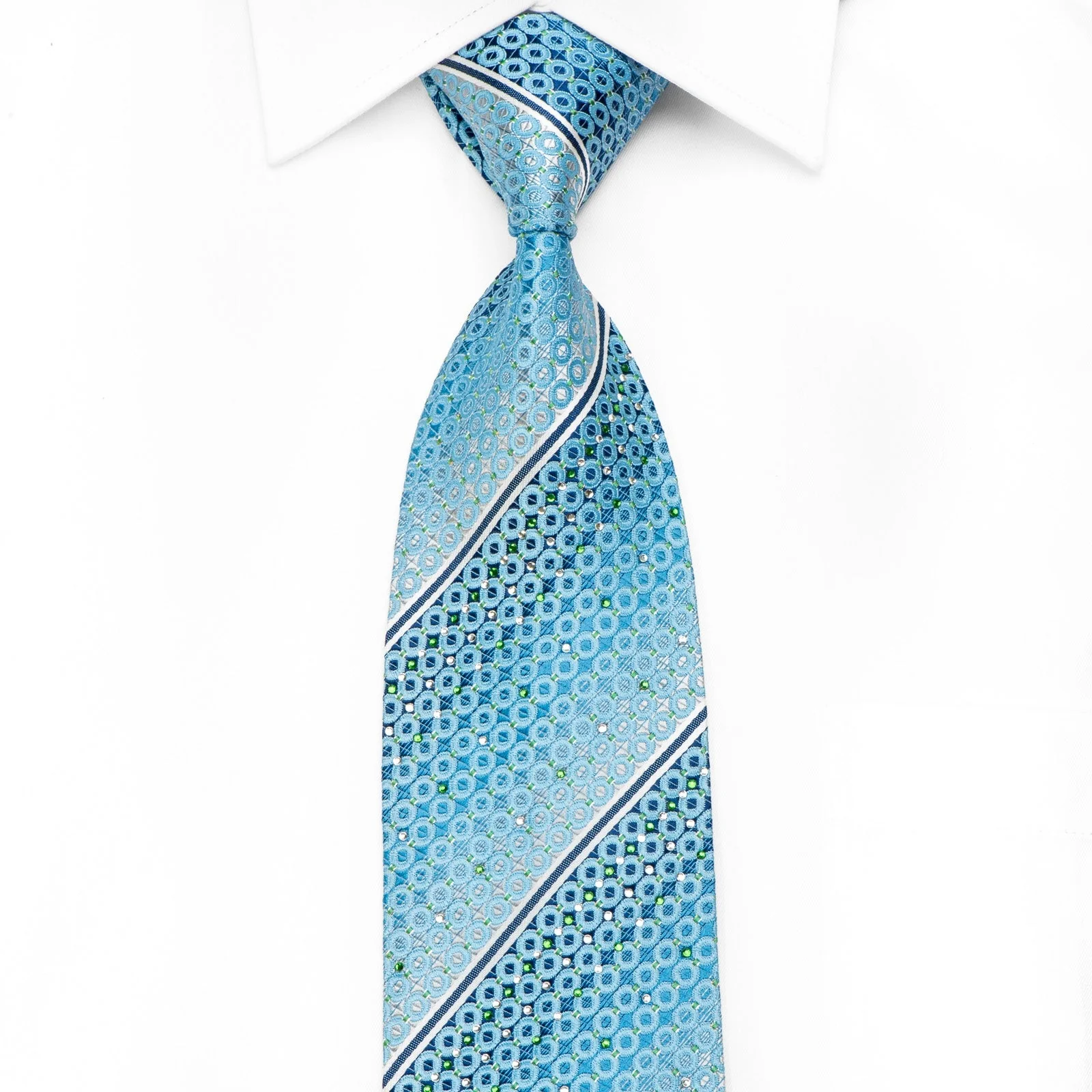 Nicole St Giles Men's Crystal Silk Necktie Silver Stripes & Geometric On Blue With Sparkles