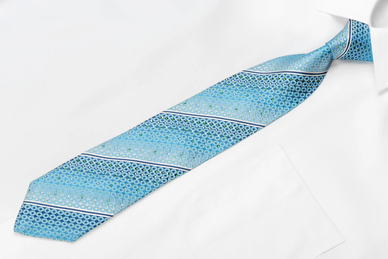 Nicole St Giles Men's Crystal Silk Necktie Silver Stripes & Geometric On Blue With Sparkles - Image 2
