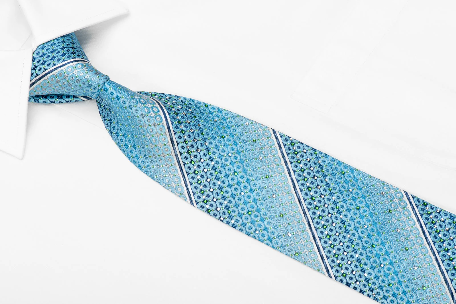 Nicole St Giles Men's Crystal Silk Necktie Silver Stripes & Geometric On Blue With Sparkles - Image 3