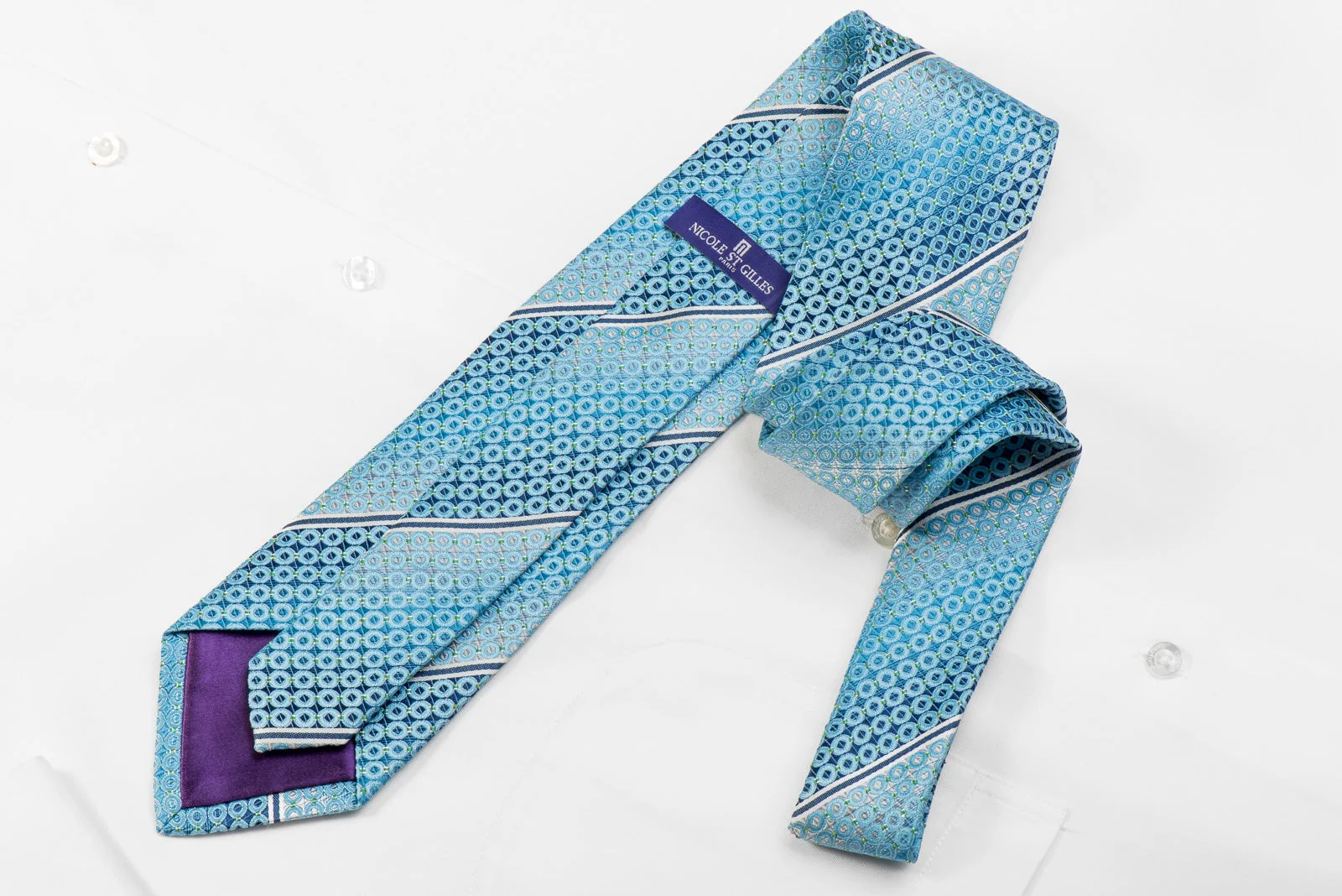 Nicole St Giles Men's Crystal Silk Necktie Silver Stripes & Geometric On Blue With Sparkles - Image 4