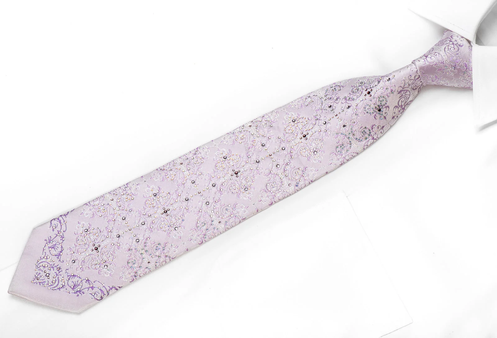 Nicole St Giles Men's Crystal Silk Tie Damask On Pale Violet With Sparkles - Image 2
