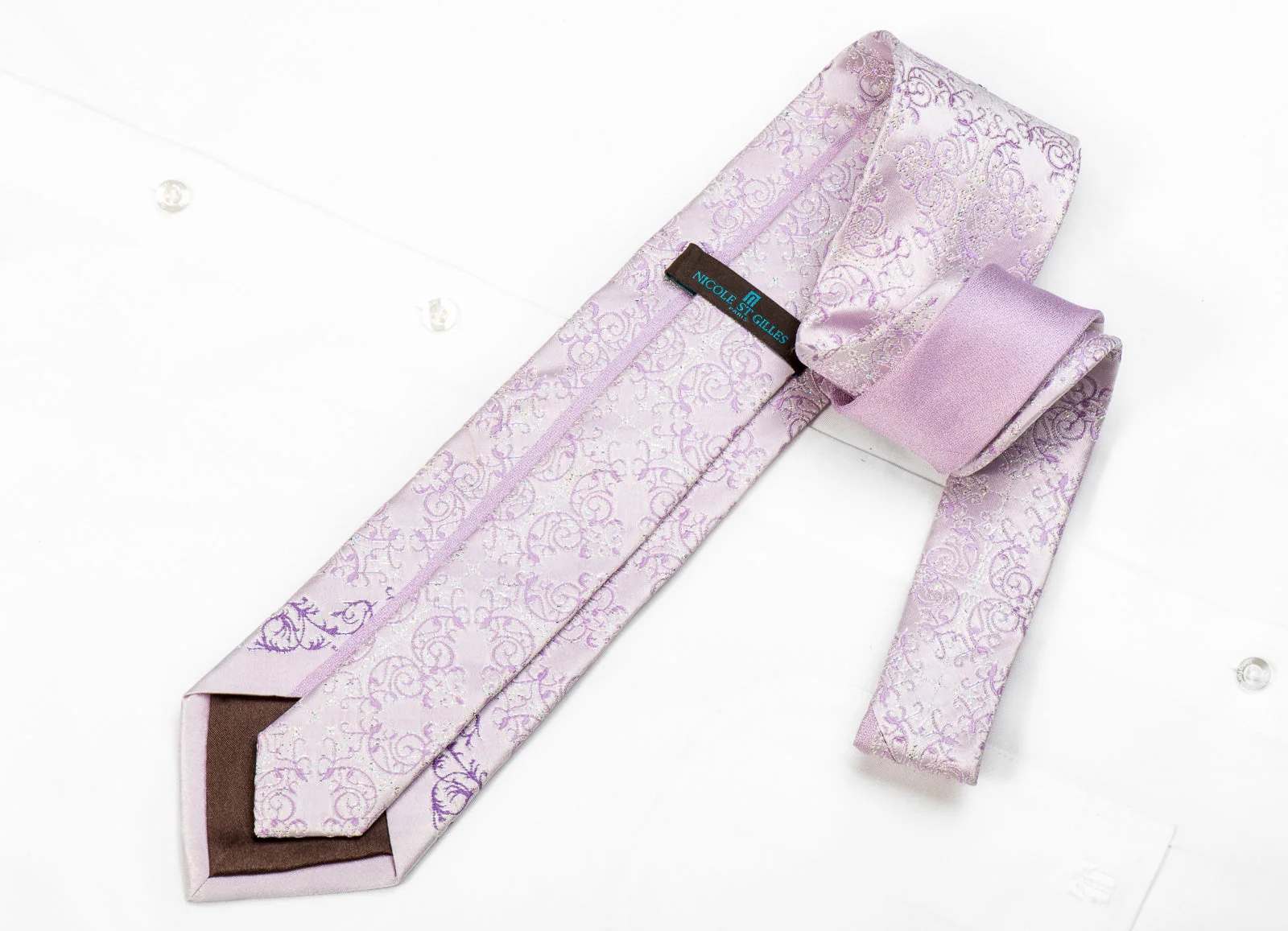 Nicole St Giles Men's Crystal Silk Tie Damask On Pale Violet With Sparkles - Image 5