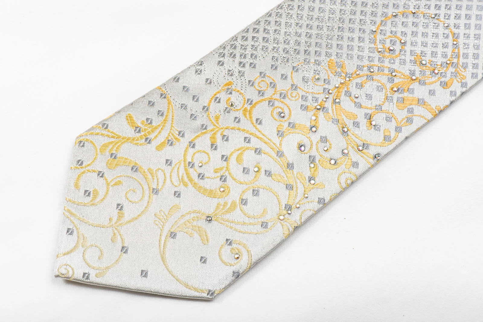 Nicole St Giles Men's Crystal Silk Tie Golden Scrolls On Silver White With Sparkles - Image 2