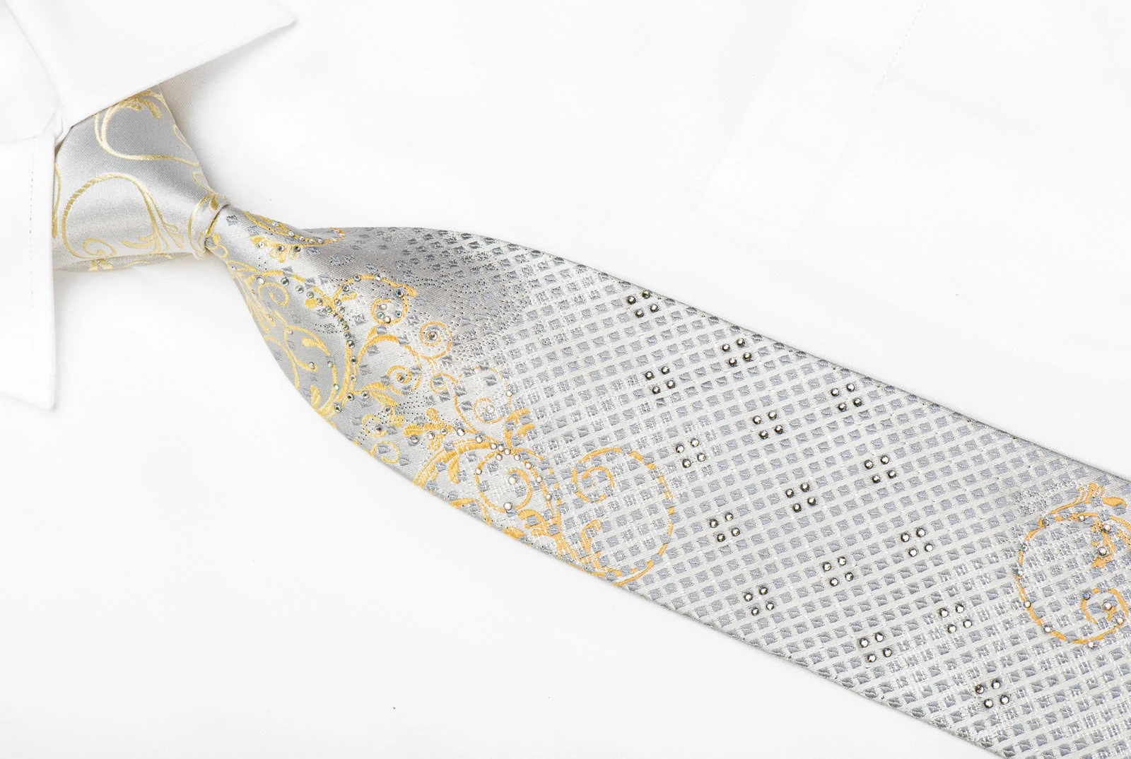 Nicole St Giles Men's Crystal Silk Tie Golden Scrolls On Silver White With Sparkles - Image 3