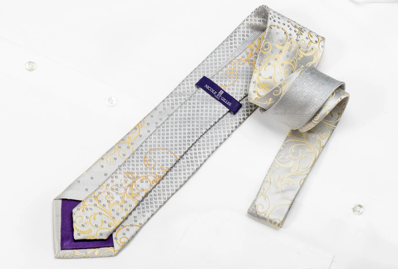 Nicole St Giles Men's Crystal Silk Tie Golden Scrolls On Silver White With Sparkles - Image 4