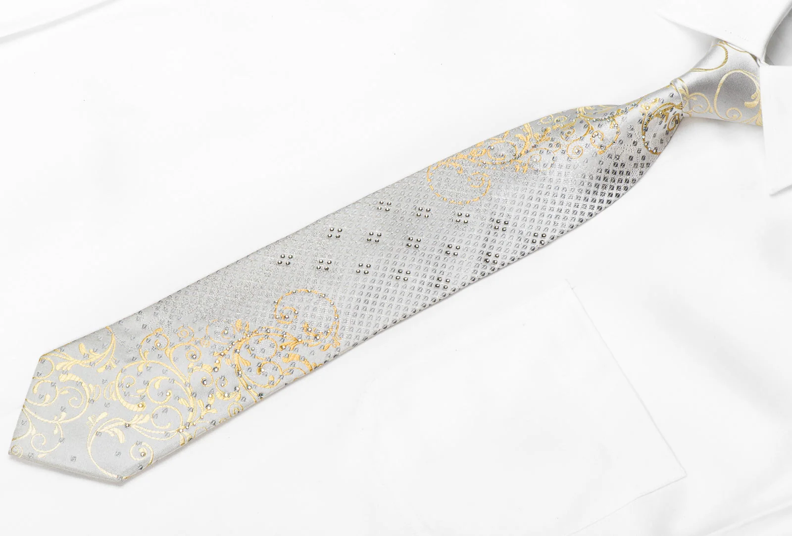 Nicole St Giles Men's Crystal Silk Tie Golden Scrolls On Silver White With Sparkles - Image 5