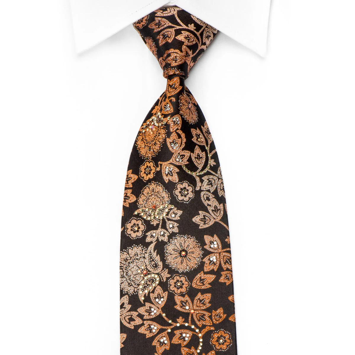 Nicole St Giles Men's Crystal Silk Tie Orange Acanthus On Black With Silver Sparkles