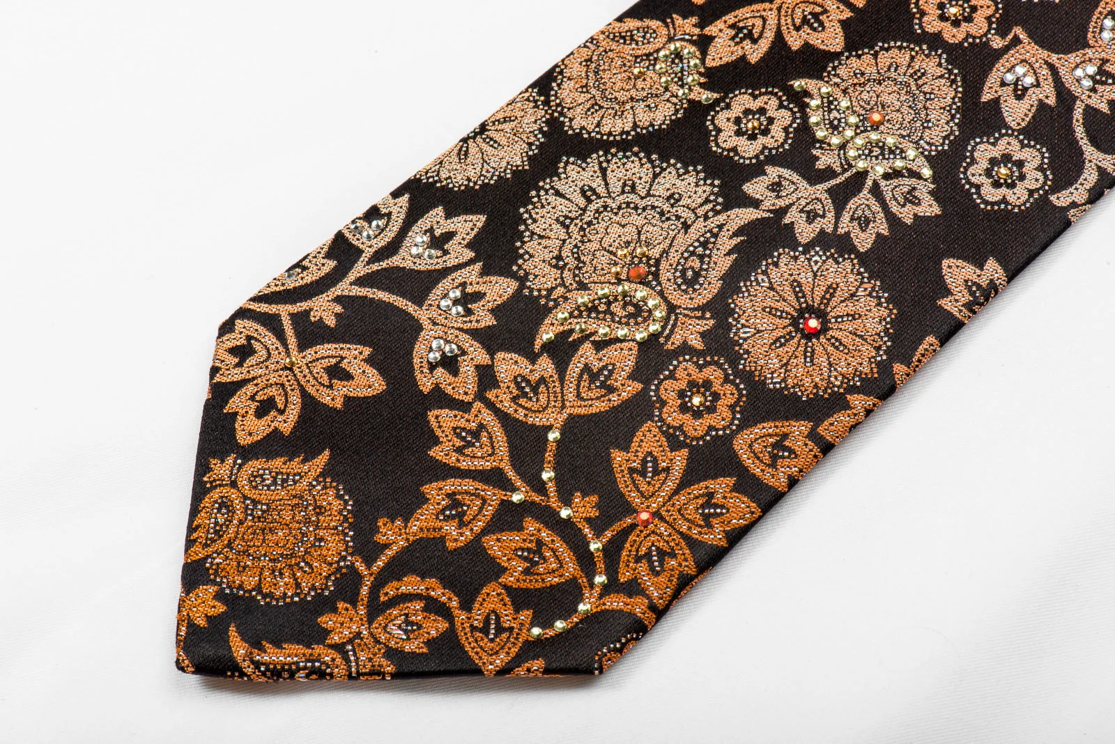 Nicole St Giles Men's Crystal Silk Tie Orange Acanthus On Black With Silver Sparkles - Image 2