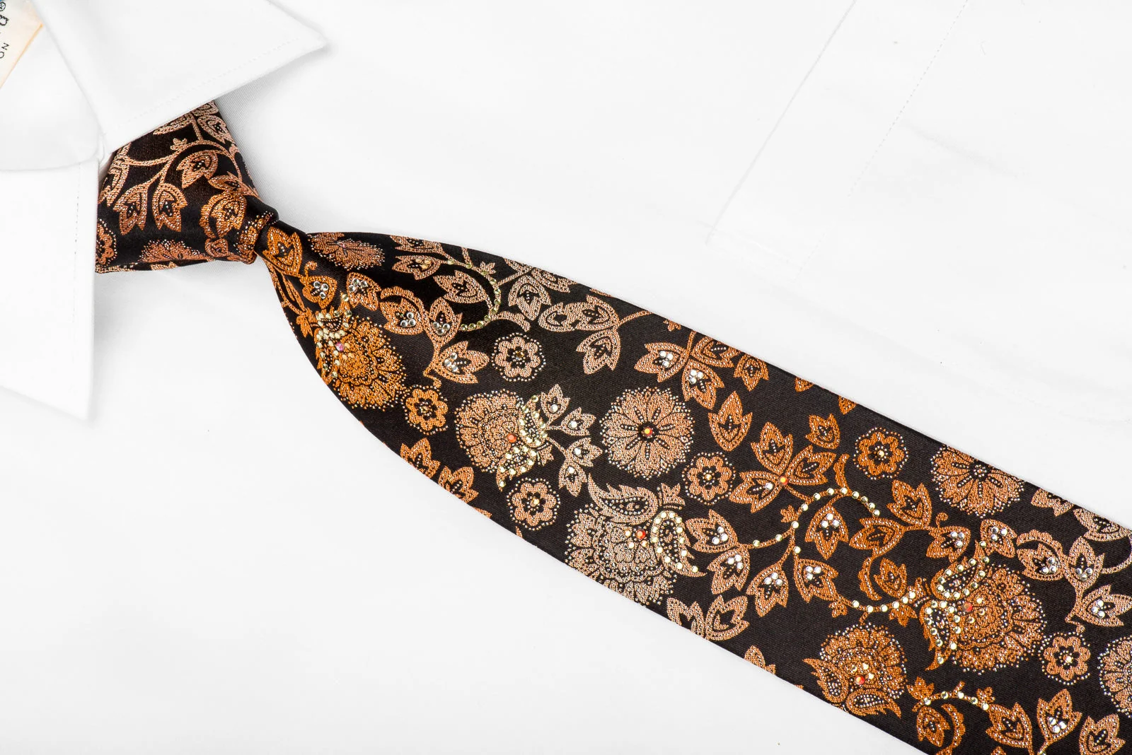 Nicole St Giles Men's Crystal Silk Tie Orange Acanthus On Black With Silver Sparkles - Image 3