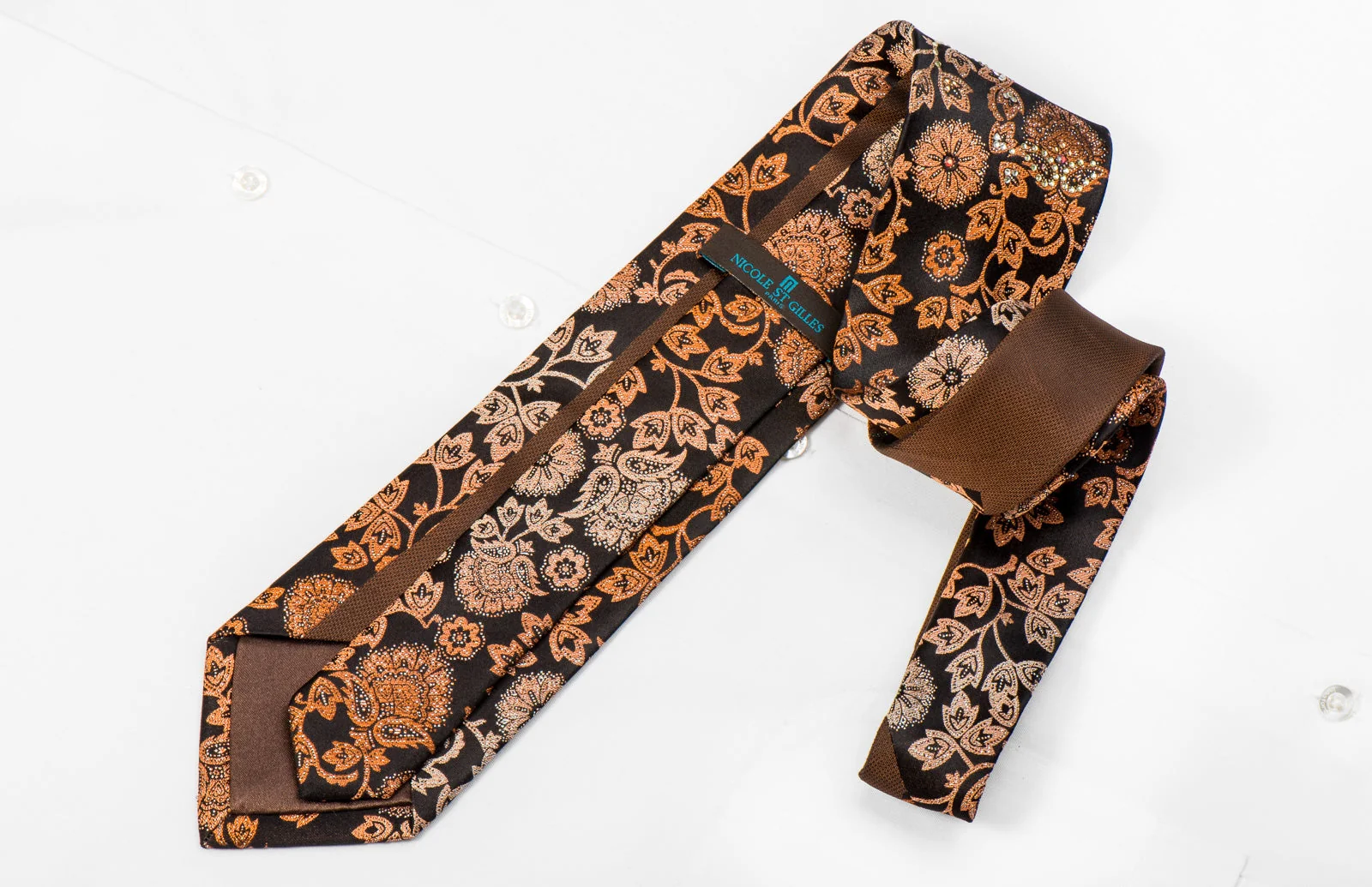 Nicole St Giles Men's Crystal Silk Tie Orange Acanthus On Black With Silver Sparkles - Image 5