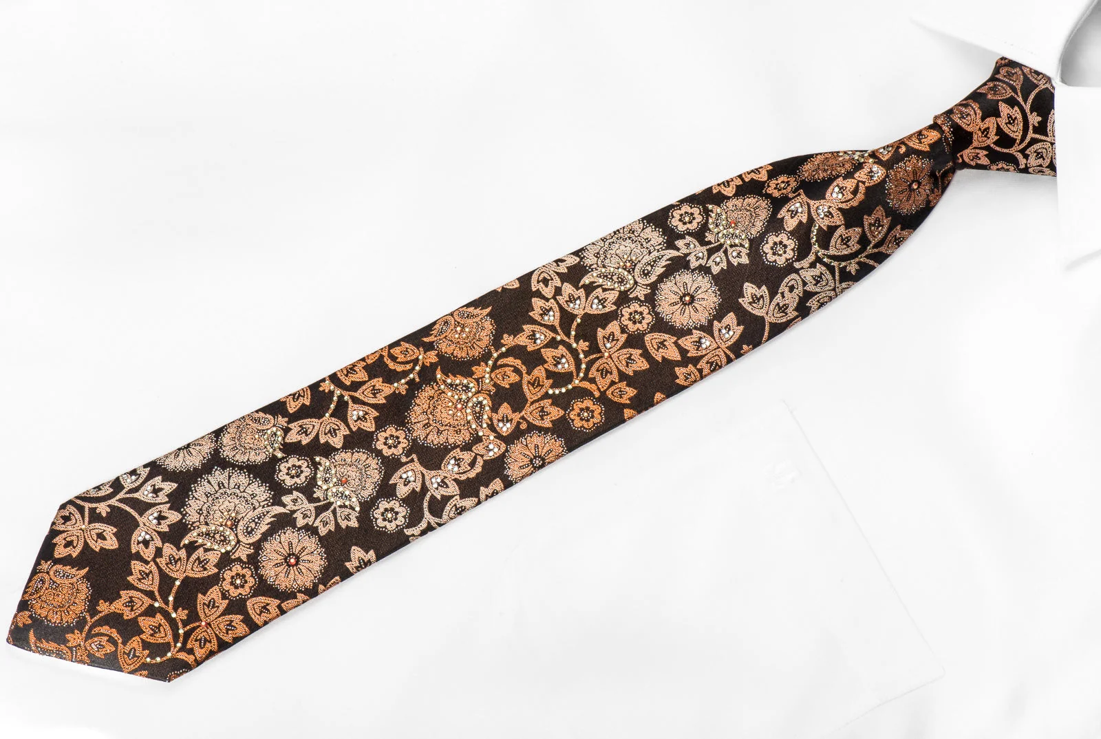 Nicole St Giles Men's Crystal Silk Tie Orange Acanthus On Black With Silver Sparkles - Image 6