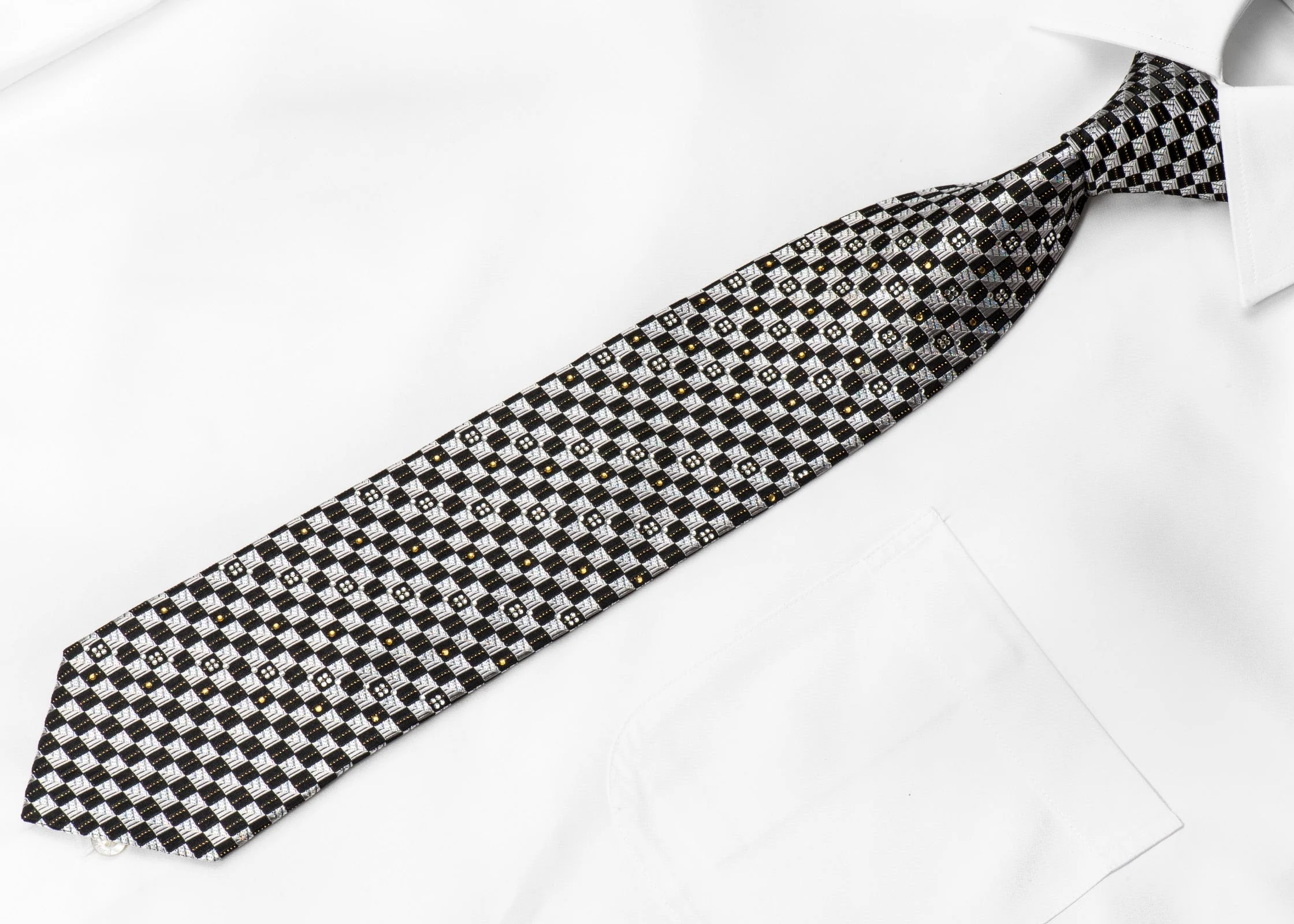 Nicole St Giles Men's Crystal Silk Tie Silver Black Checkered With Gold Sparkles - Image 2