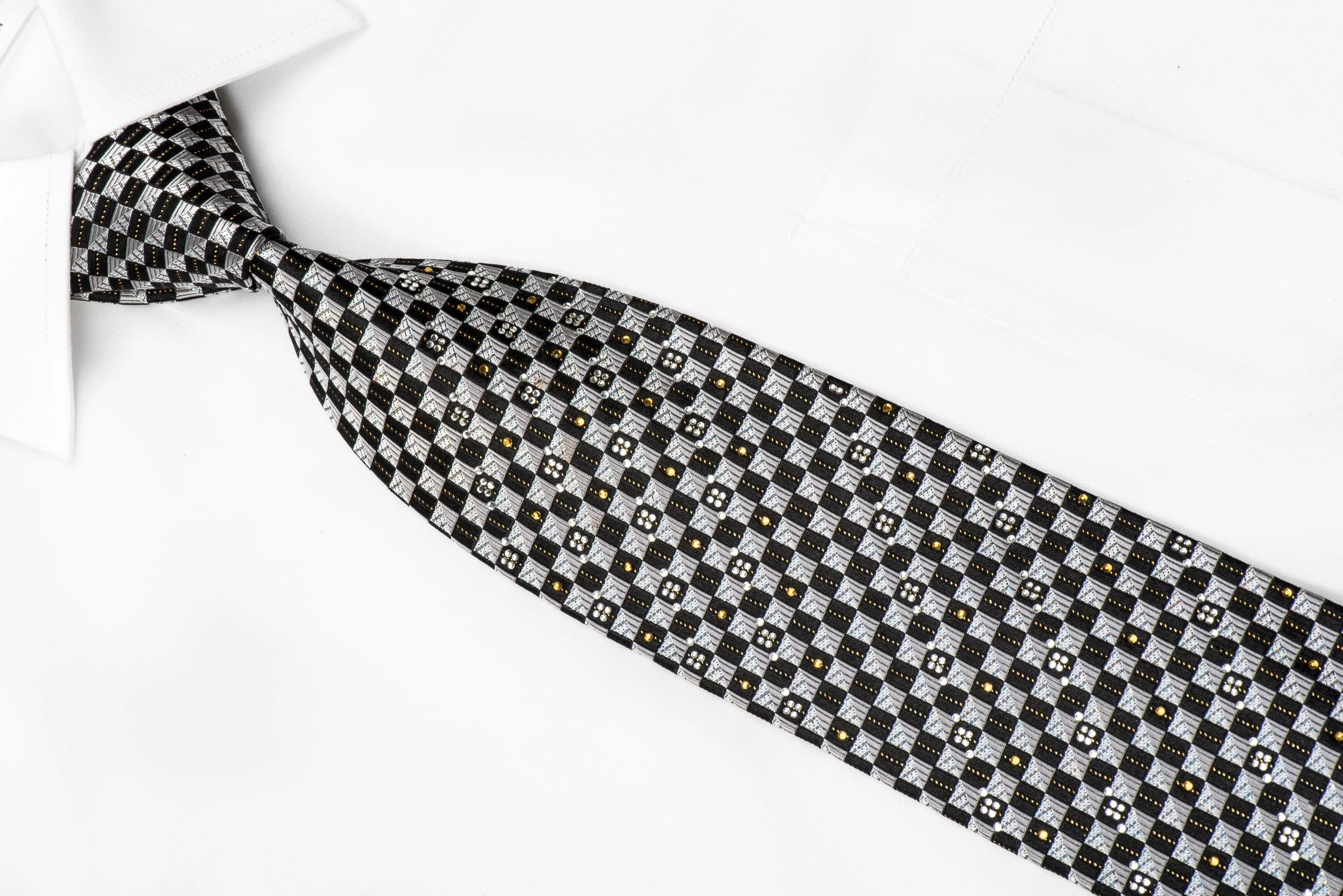 Nicole St Giles Men's Crystal Silk Tie Silver Black Checkered With Gold Sparkles - Image 3