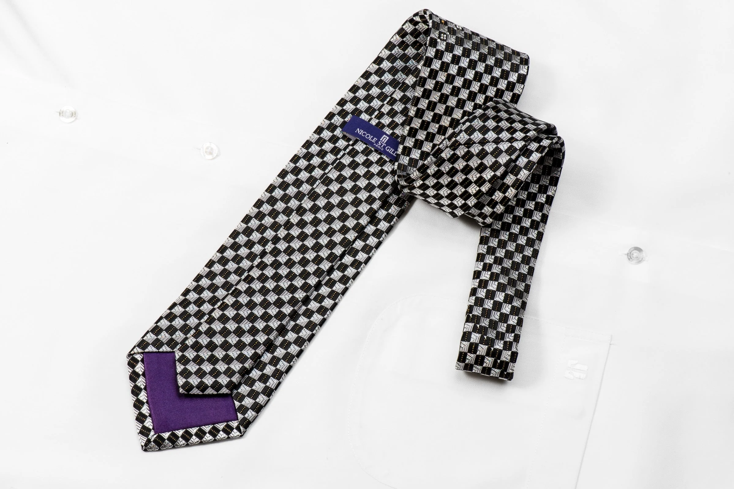 Nicole St Giles Men's Crystal Silk Tie Silver Black Checkered With Gold Sparkles - Image 6