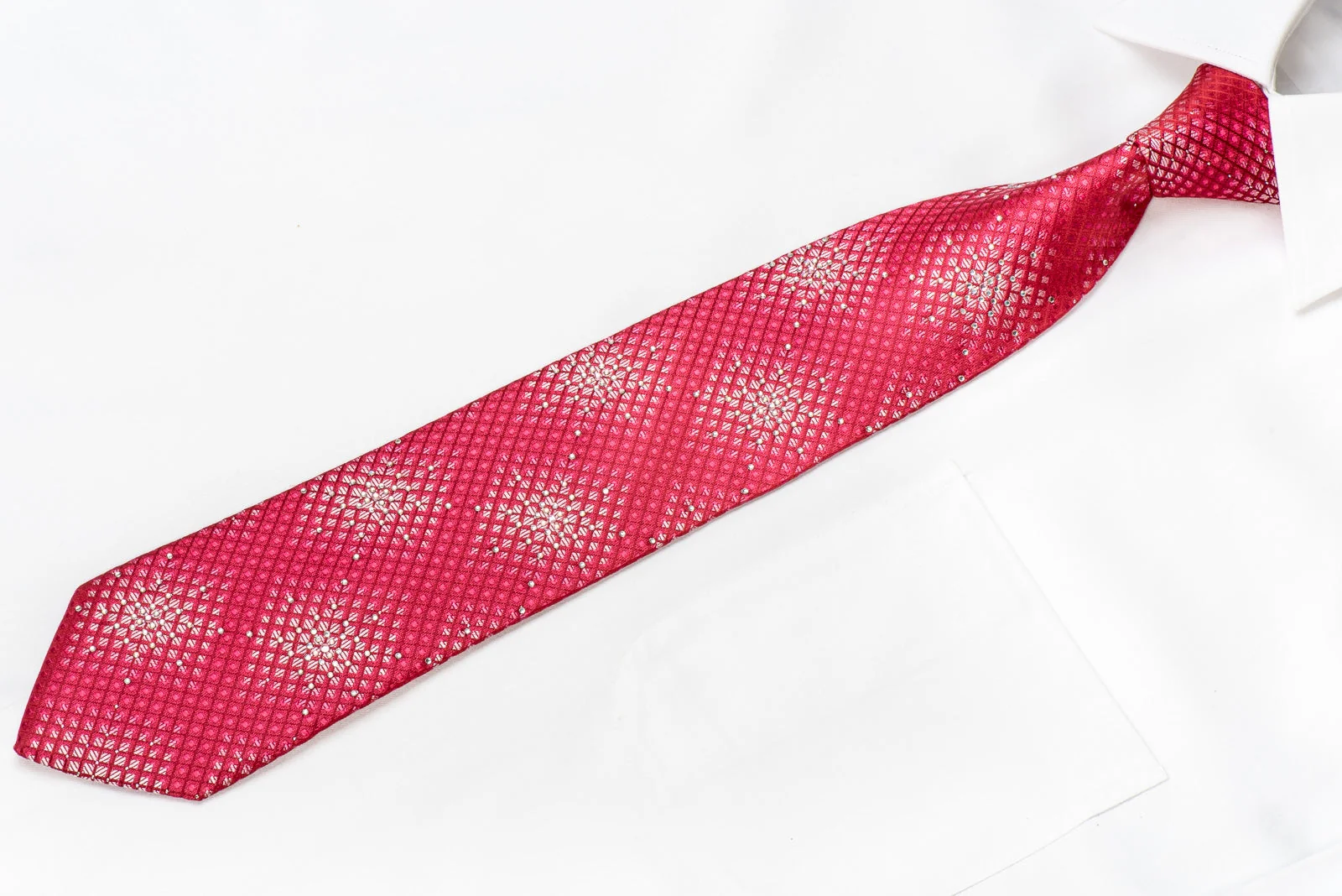 Men's Crystal Tie Geometric On Red Silk With Silver Sparkles - Image 2
