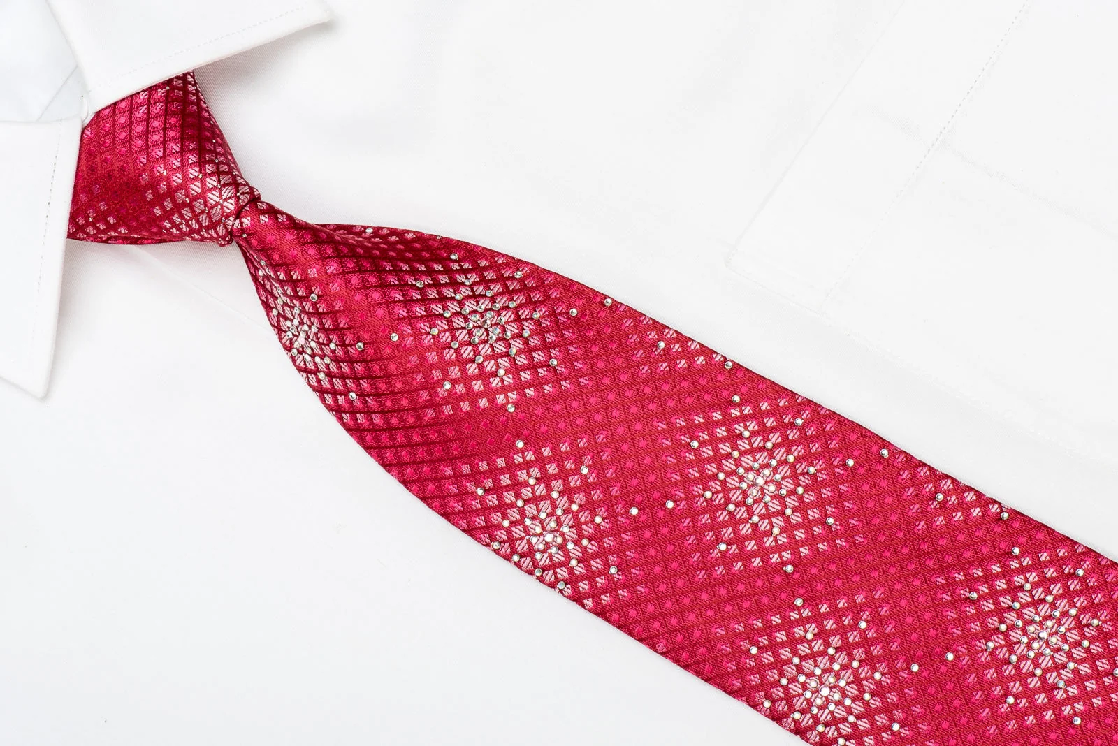 Men's Crystal Tie Geometric On Red Silk With Silver Sparkles - Image 4