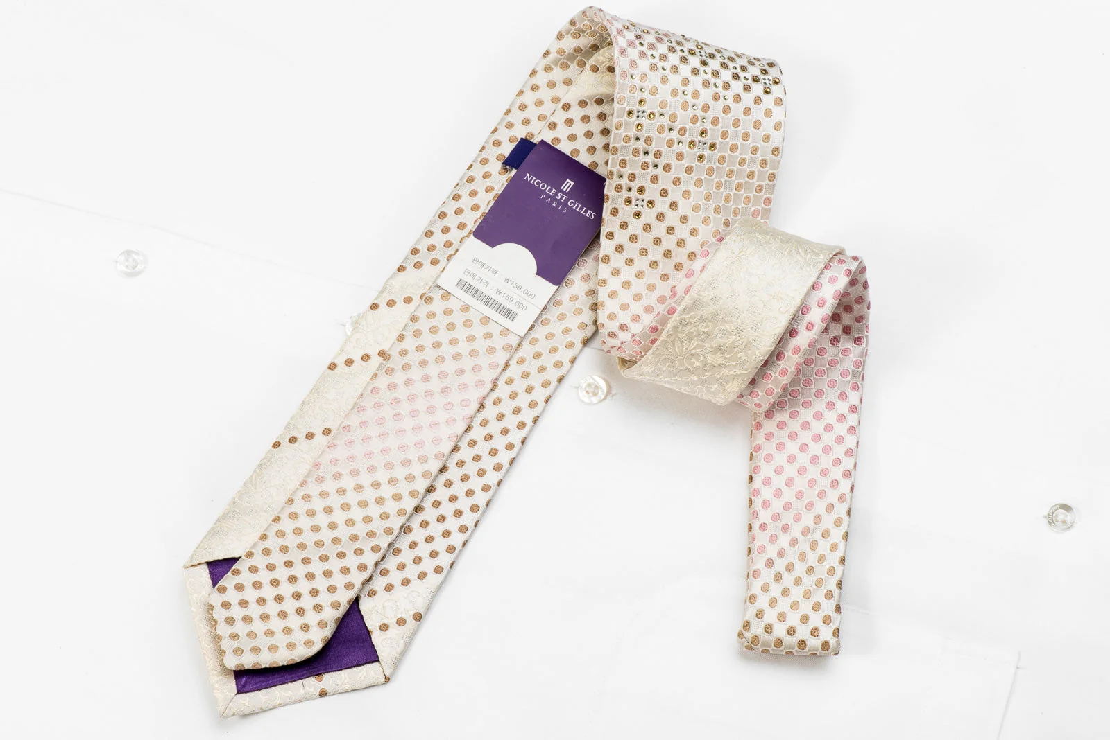 Nicole St Giles Men's Men's Crystal Silk Necktie Pink Beige Checkered On Ivory White Anthemion With Sparkles - Image 5