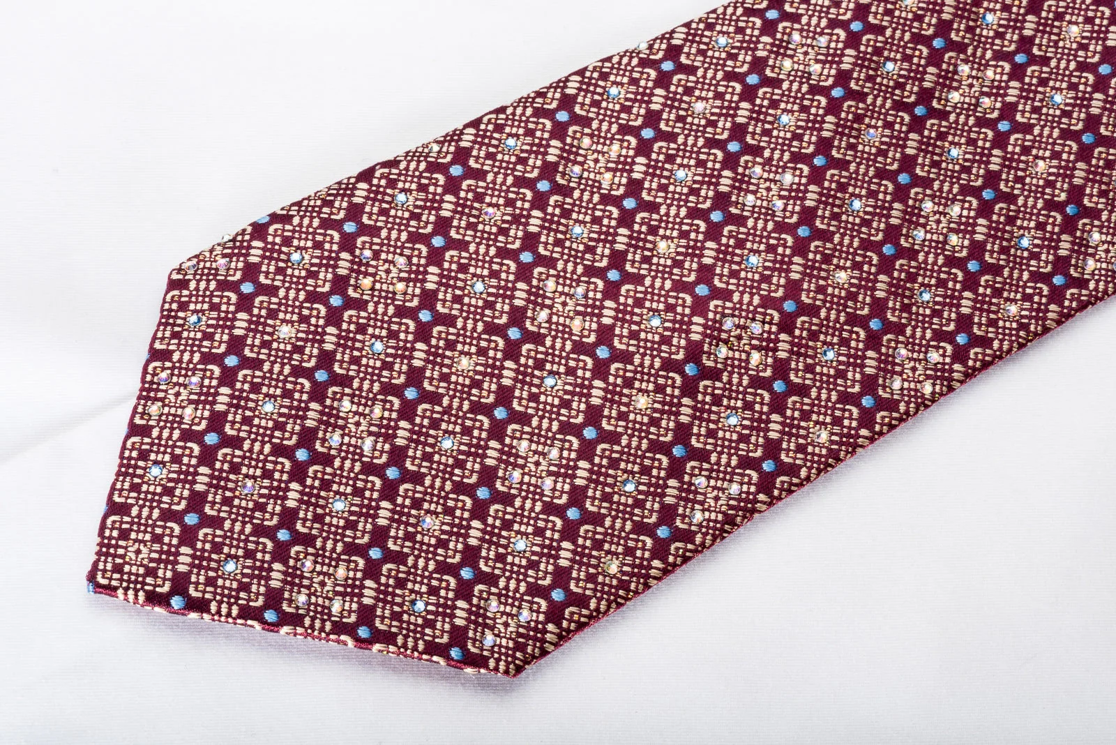Nicole St Giles Men's Rhinestone Silk Necktie Golden Trellis On Burgundy With Silver Sparkles - Image 3