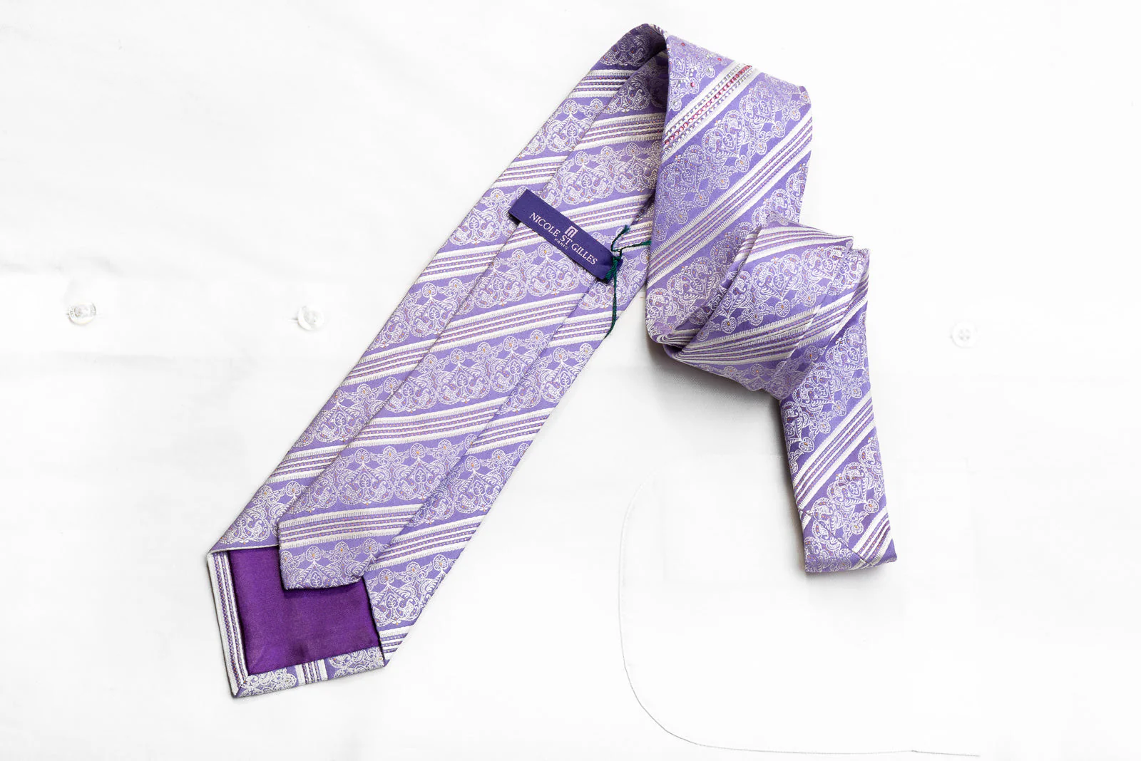 Nicole St Giles Men's Rhinestone Silk Necktie White Striped On Mauve With Gold Sparkles - Image 5