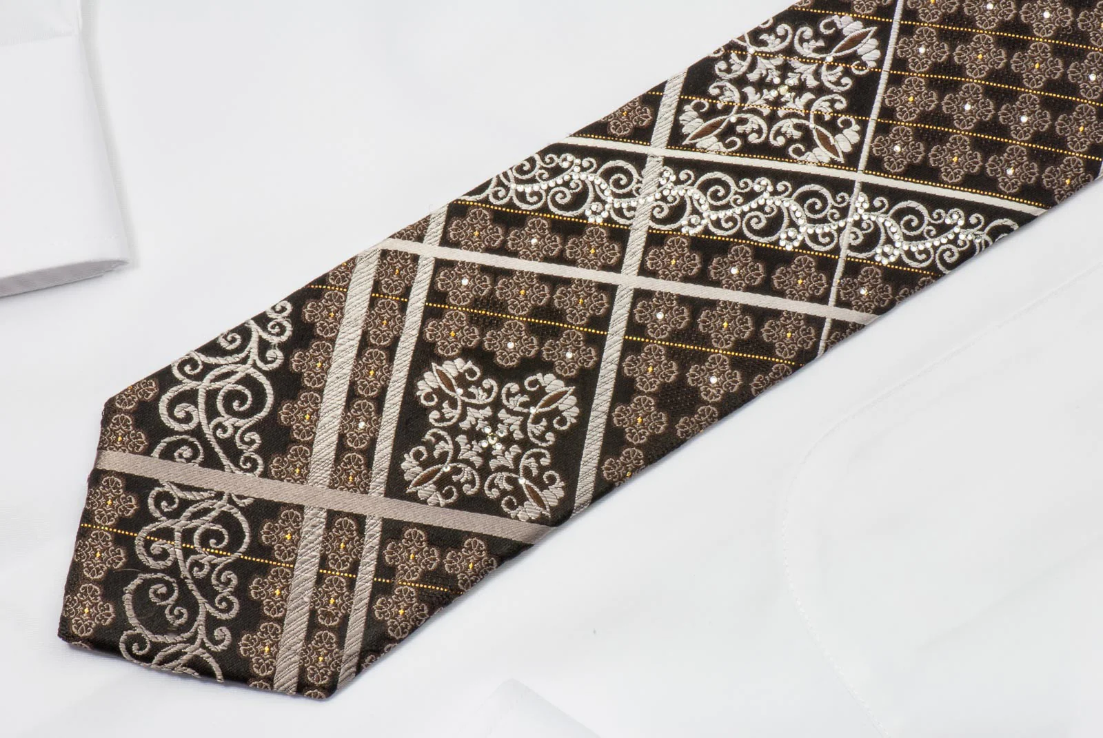Nicole St Giles Men's Rhinestone Silk Tie Silver Stripes & Damask On Brown With Silver Sparkles - Image 2